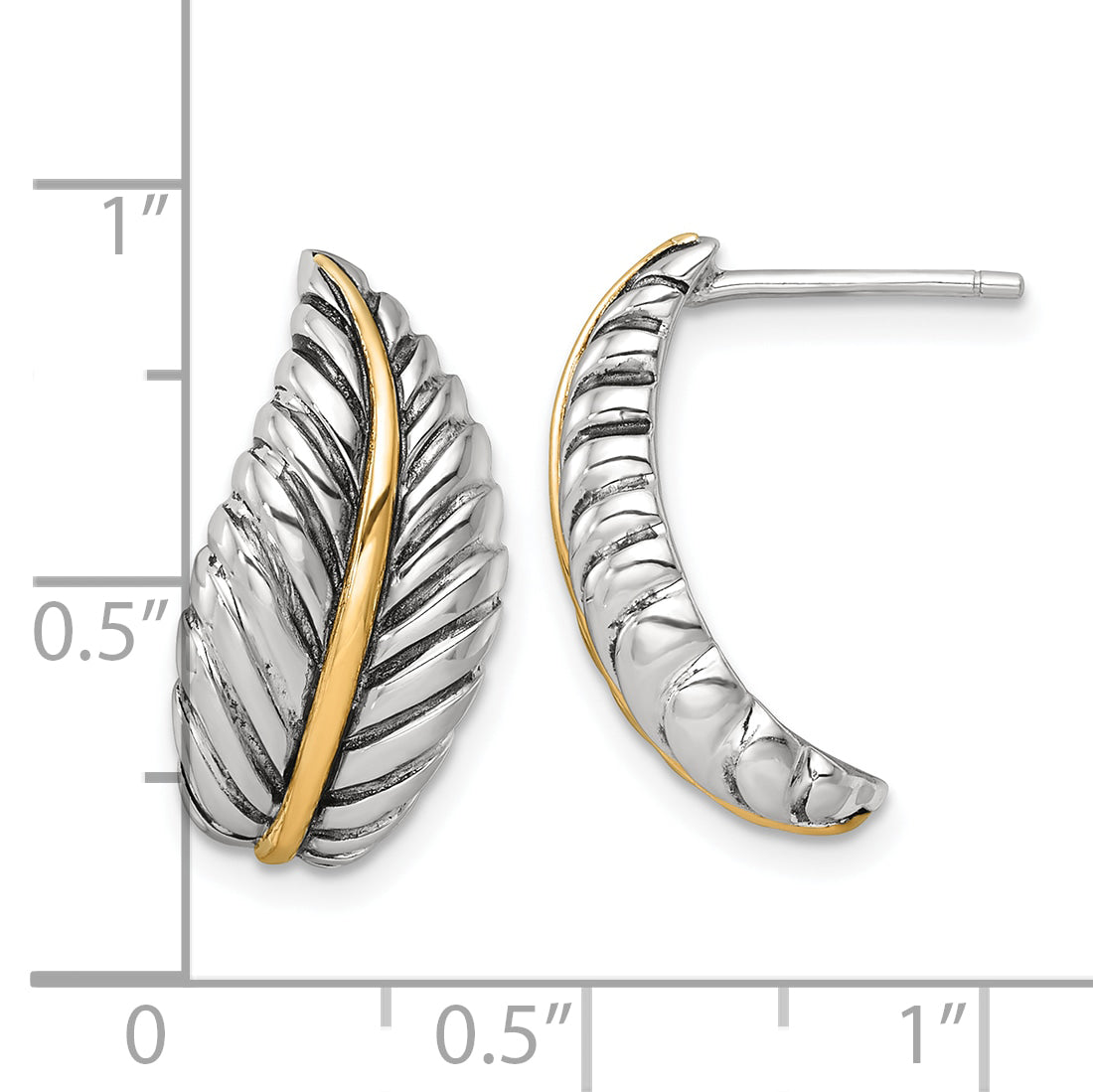 Sterling Silver Antiqued with 14k Accent Polished Feather Post Earrings