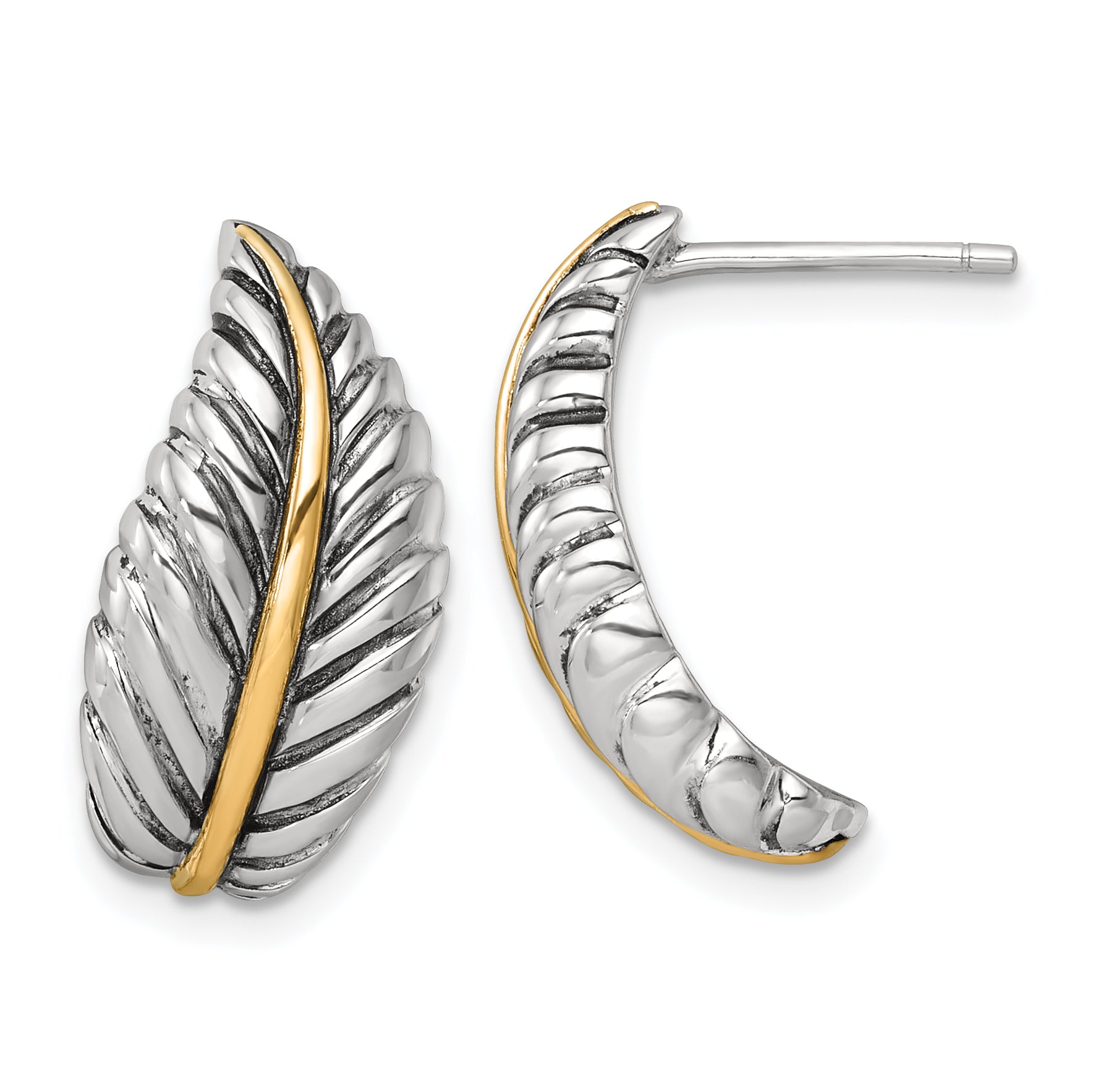 Sterling Silver Antiqued with 14k Accent Polished Feather Post Earrings Main image