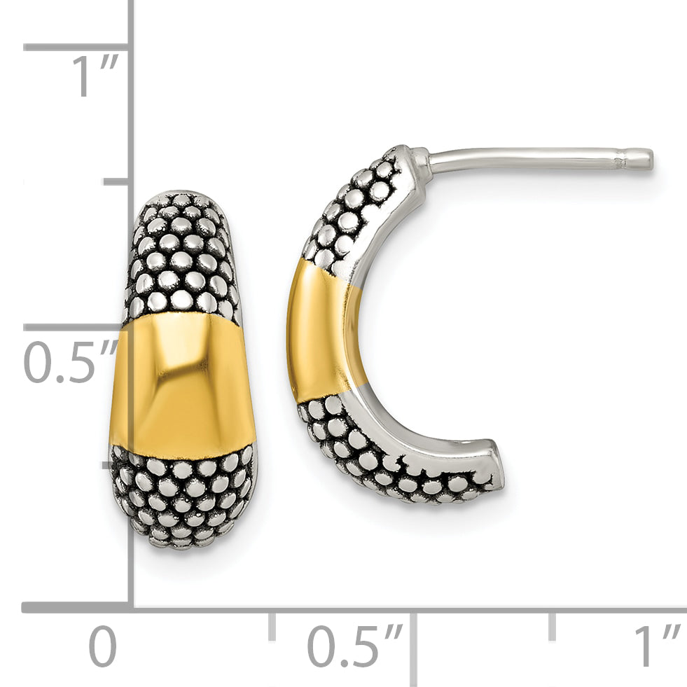 Sterling Silver and Gold-tone Polished Antiqued Textured Post J-Hoop Earrings