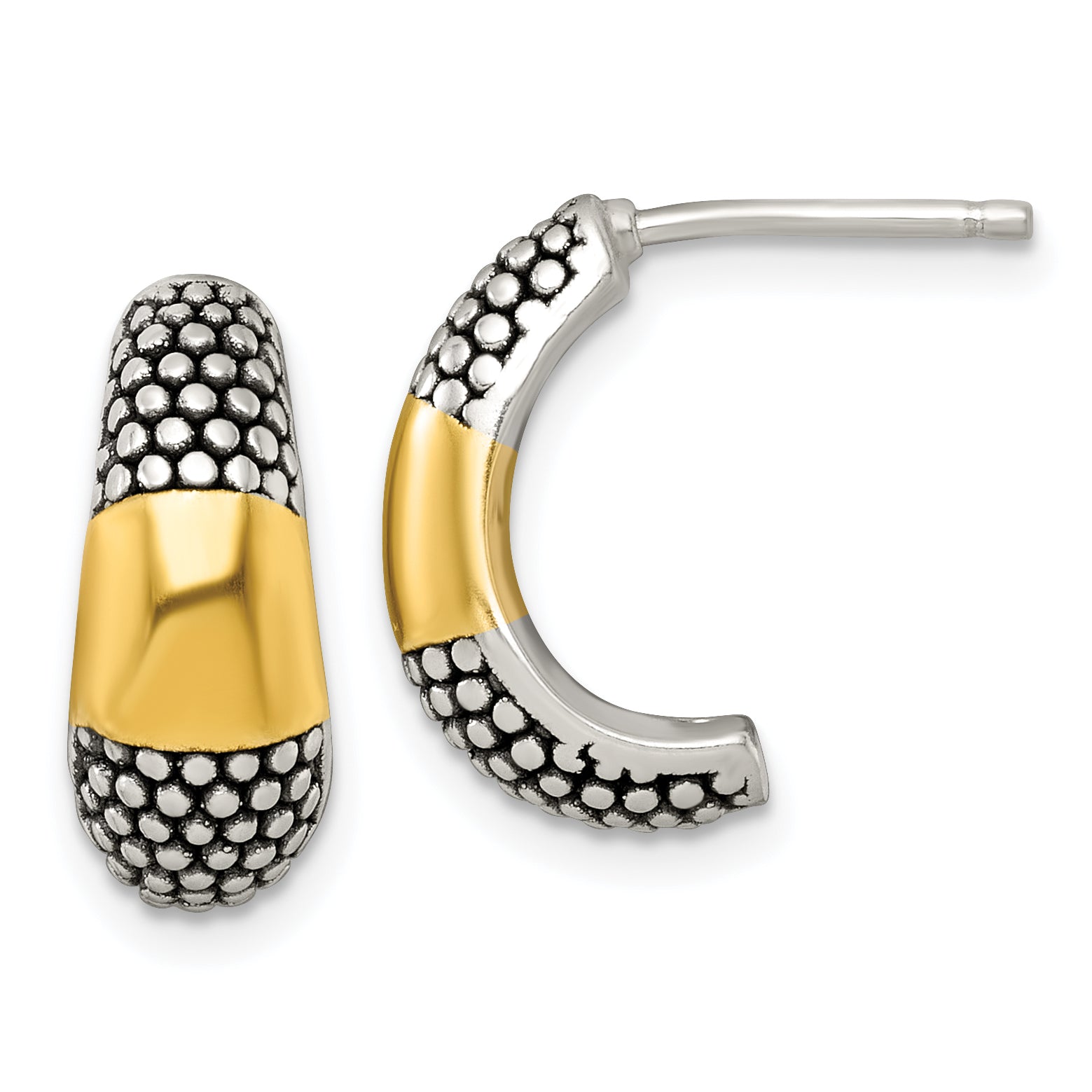 Sterling Silver and Gold-tone Polished Antiqued Textured Post J-Hoop Earrings Main image