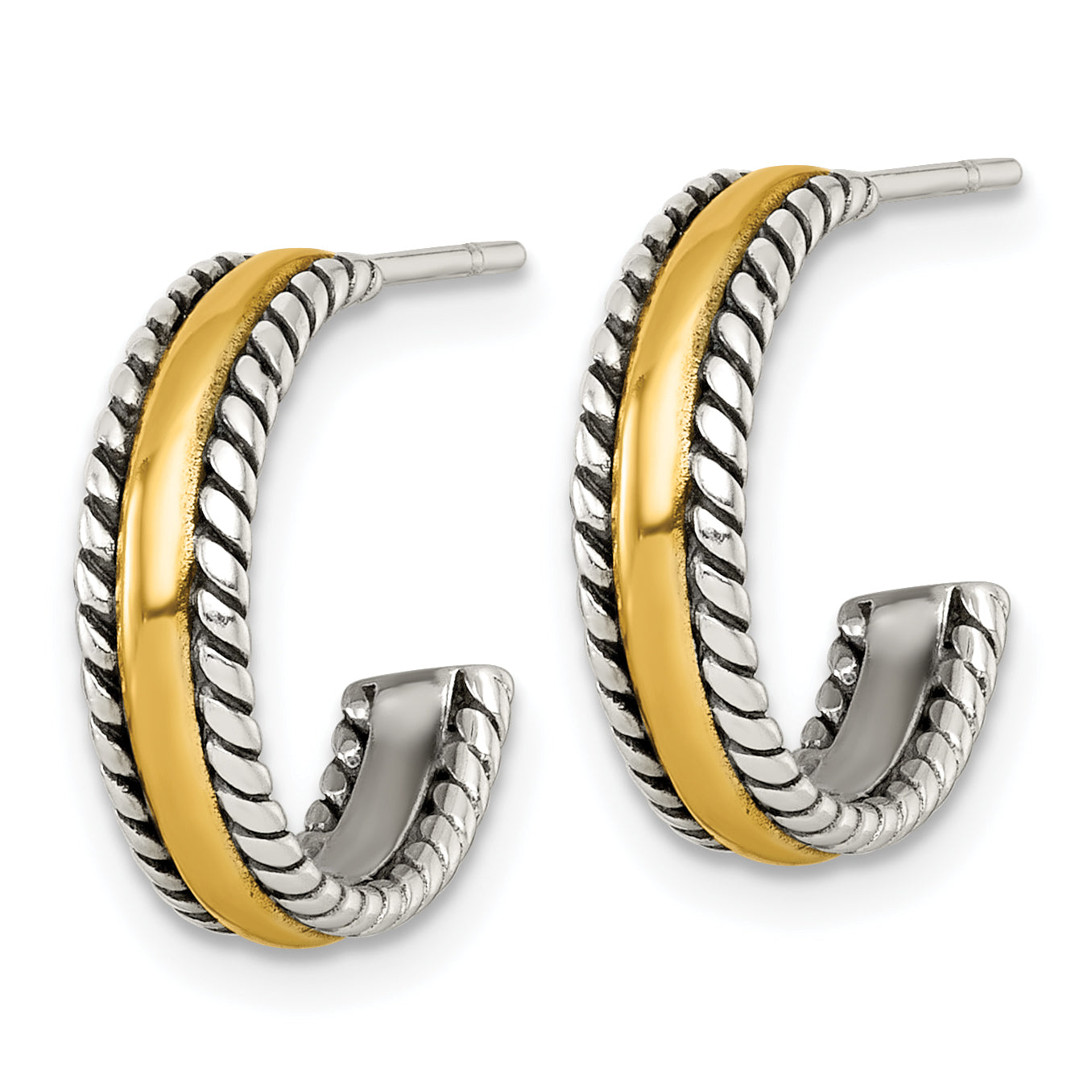 Sterling Silver and Gold-tone Antiqued Textured Post C-Hoop Earrings Secondary image