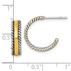Sterling Silver and Gold-tone Antiqued Textured Post C-Hoop Earrings