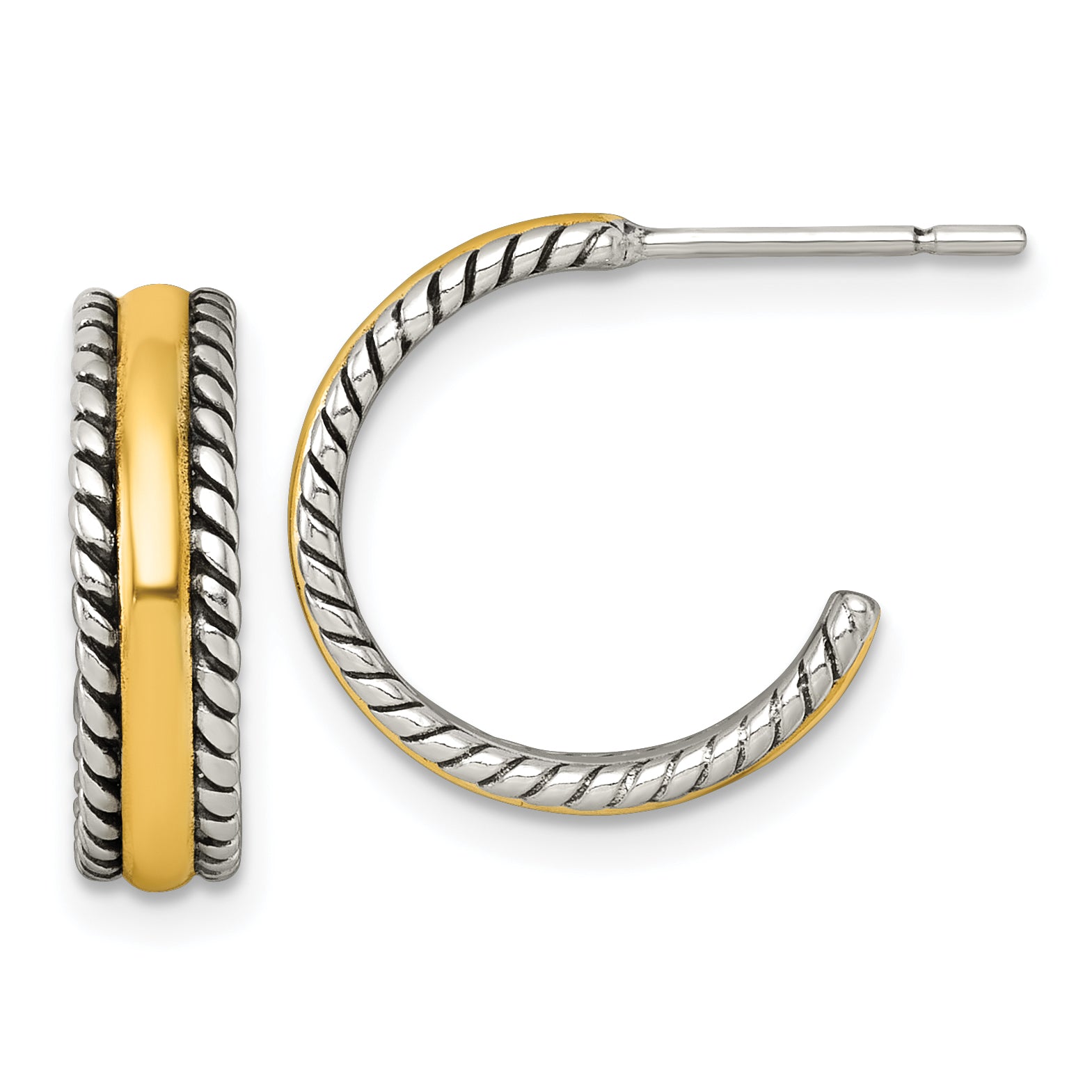 Sterling Silver and Gold-tone Antiqued Textured Post C-Hoop Earrings Main image