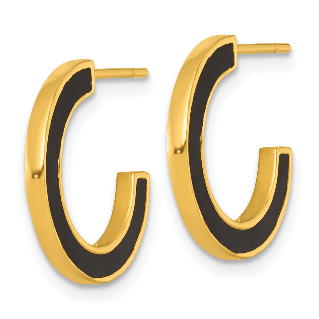 Sterling Silver Gold-tone Polished Black Enamel 18x2mm Post C-Hoop Earrings