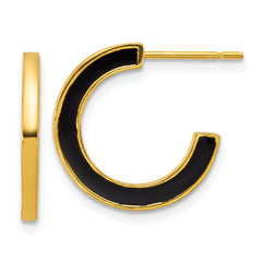 Sterling Silver Gold-tone Polished Black Enamel 18x2mm Post C-Hoop Earrings