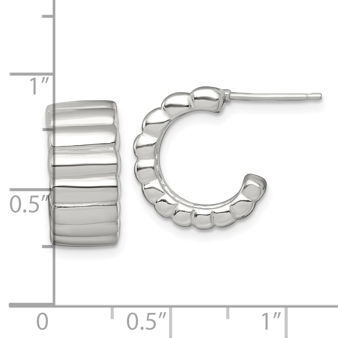 Sterling Silver Polished and Ridged 8.0mm Post C-Hoop Earrings