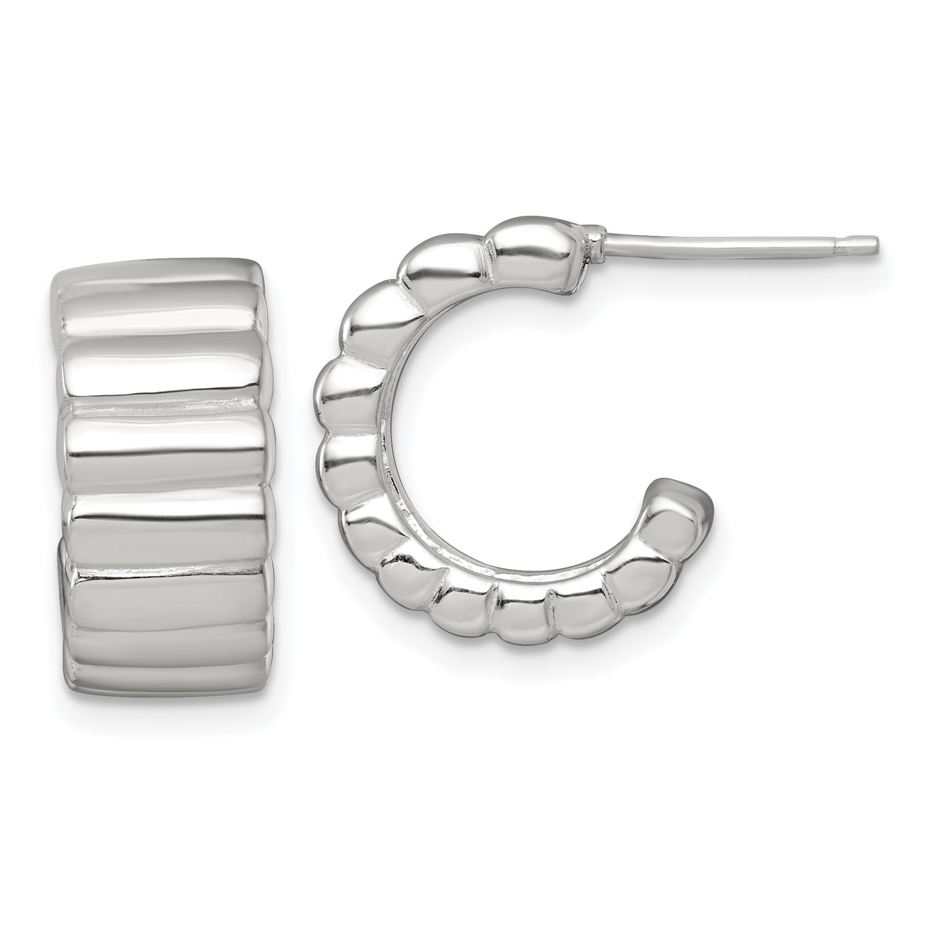 Sterling Silver Polished and Ridged 8.0mm Post C-Hoop Earrings