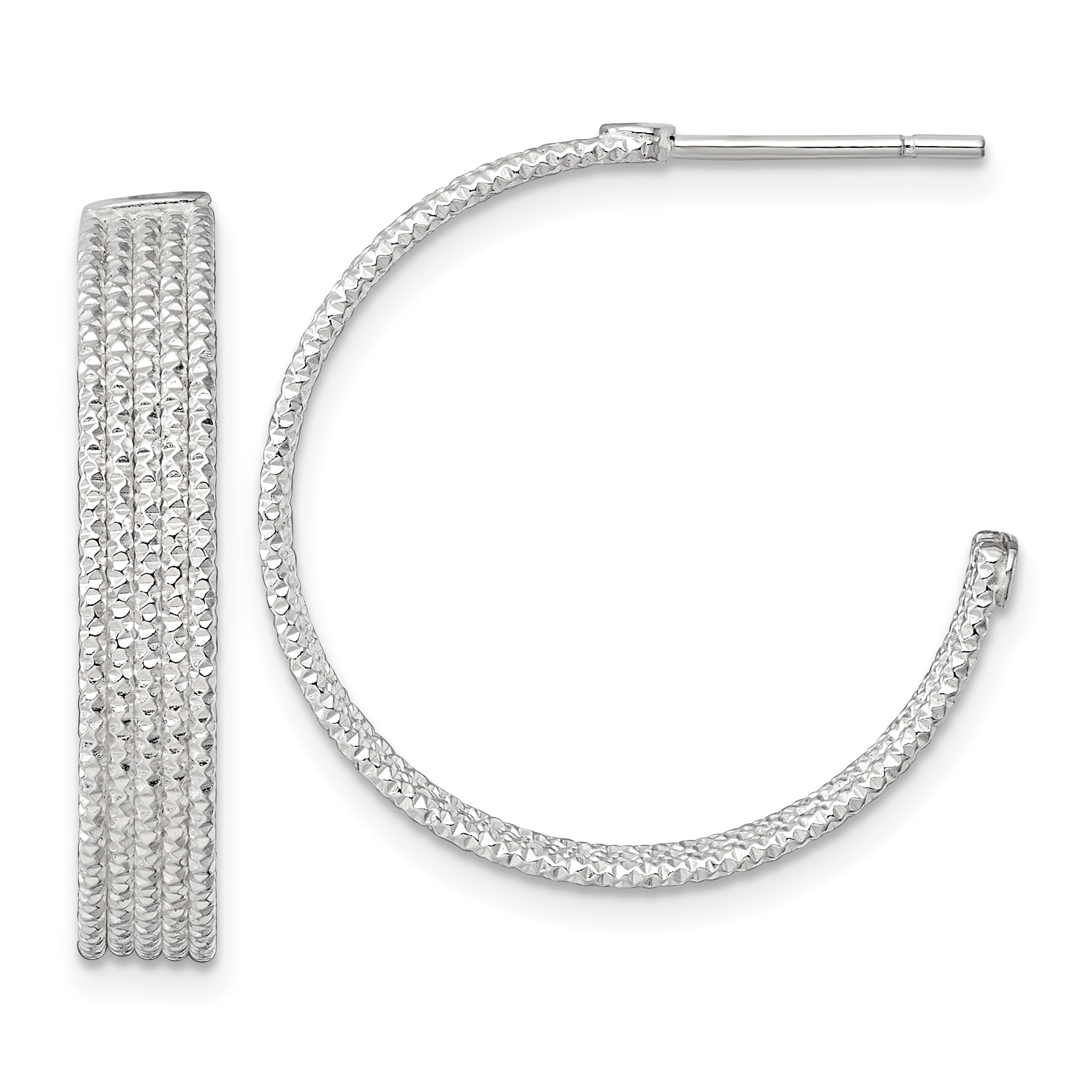 Sterling Silver Polished and Textured 25x4.5mm Post C-Hoop Earrings