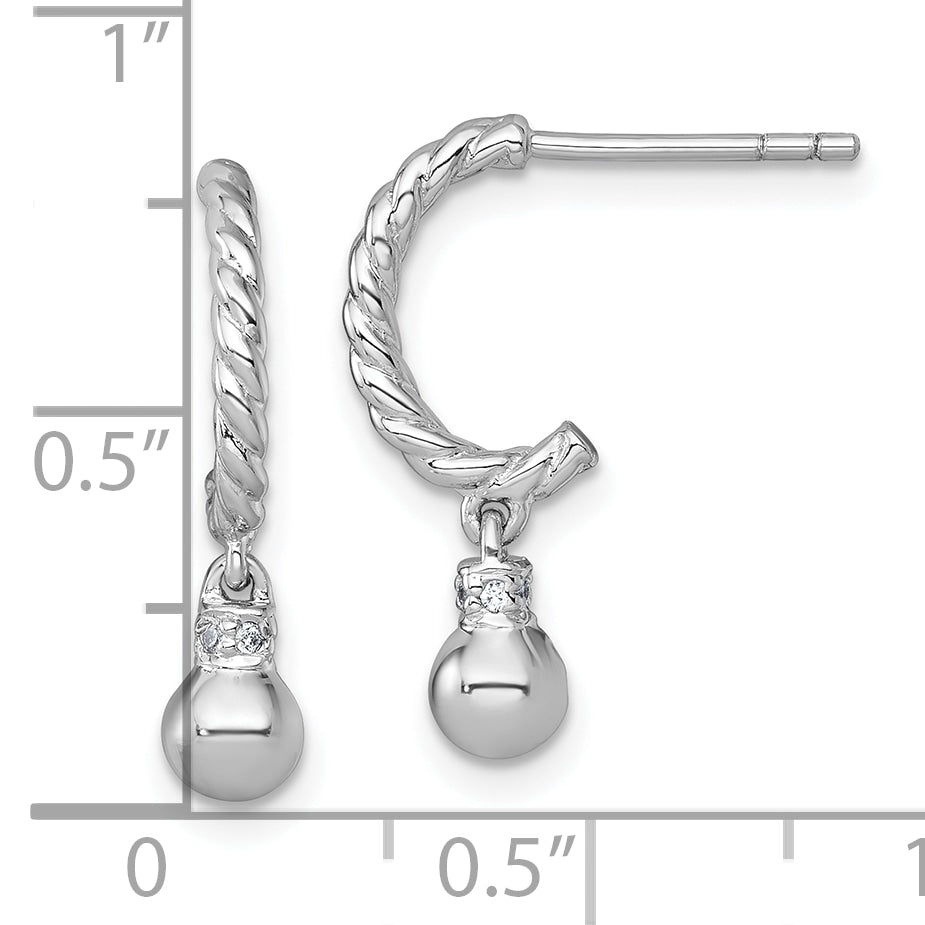 Sterling Silver Rhodium-plated Polished and Twisted CZ Post J-Hoop Dangle Earrings