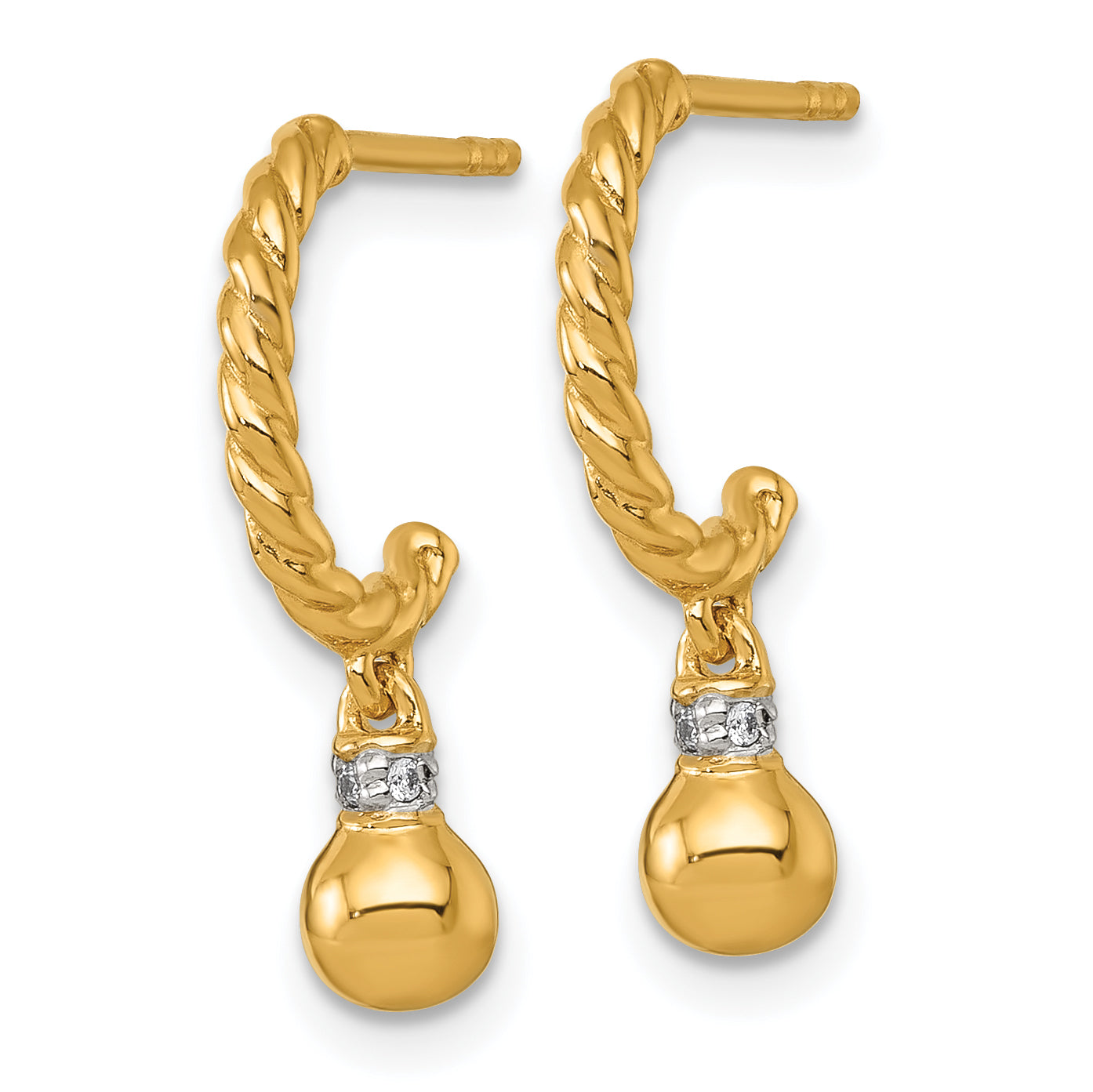 Sterling Silver Gold-plated Polished and Twisted CZ Post J-Hoop Dangle Earrings