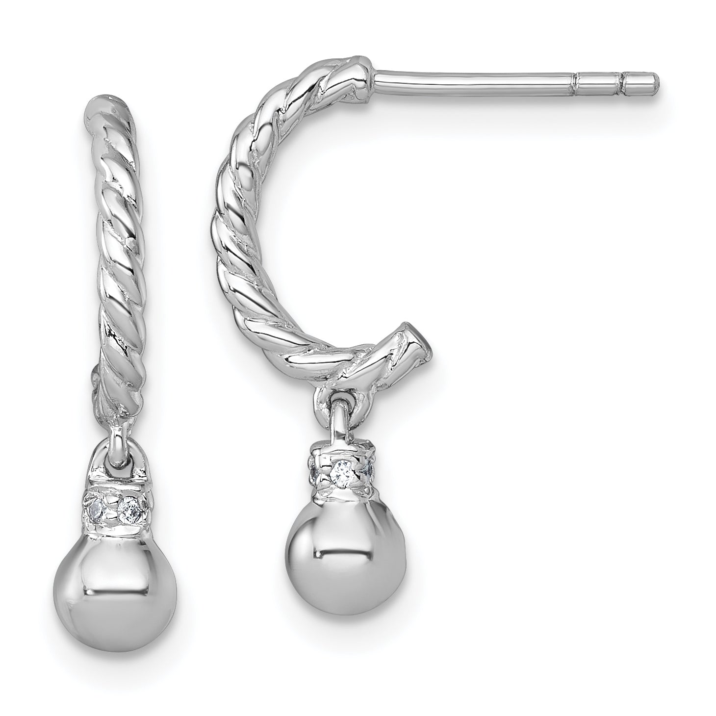 Sterling Silver Rhodium-plated Polished and Twisted CZ Post J-Hoop Dangle Earrings Main image