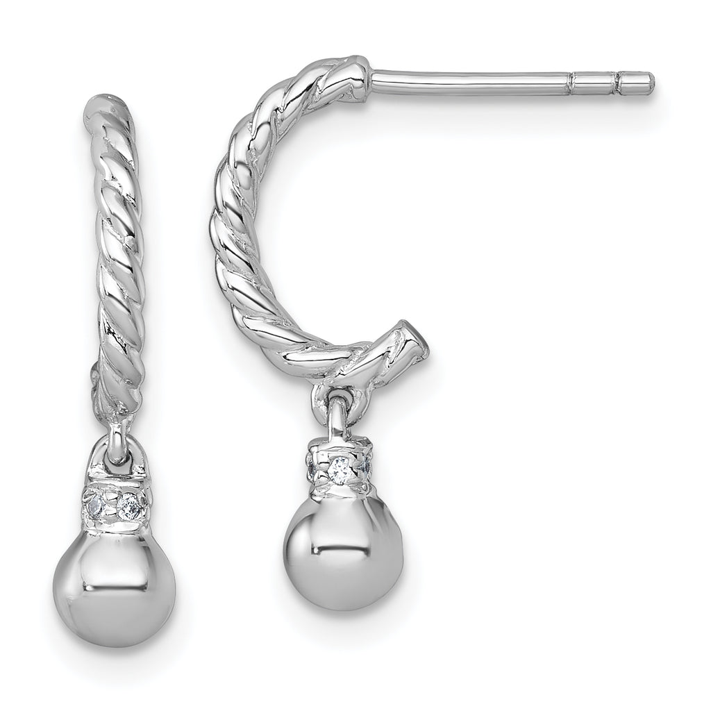 Sterling Silver Rhodium-plated Polished and Twisted CZ Post J-Hoop Dangle Earrings