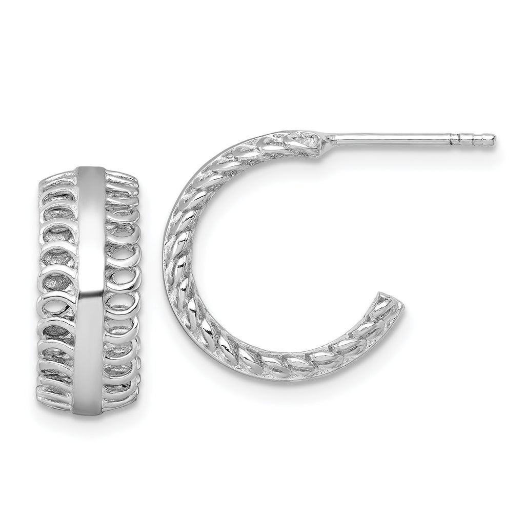 Sterling Silver Rhodium-plated Polished Circle Pattern Edge C-Hoop Post Earrings