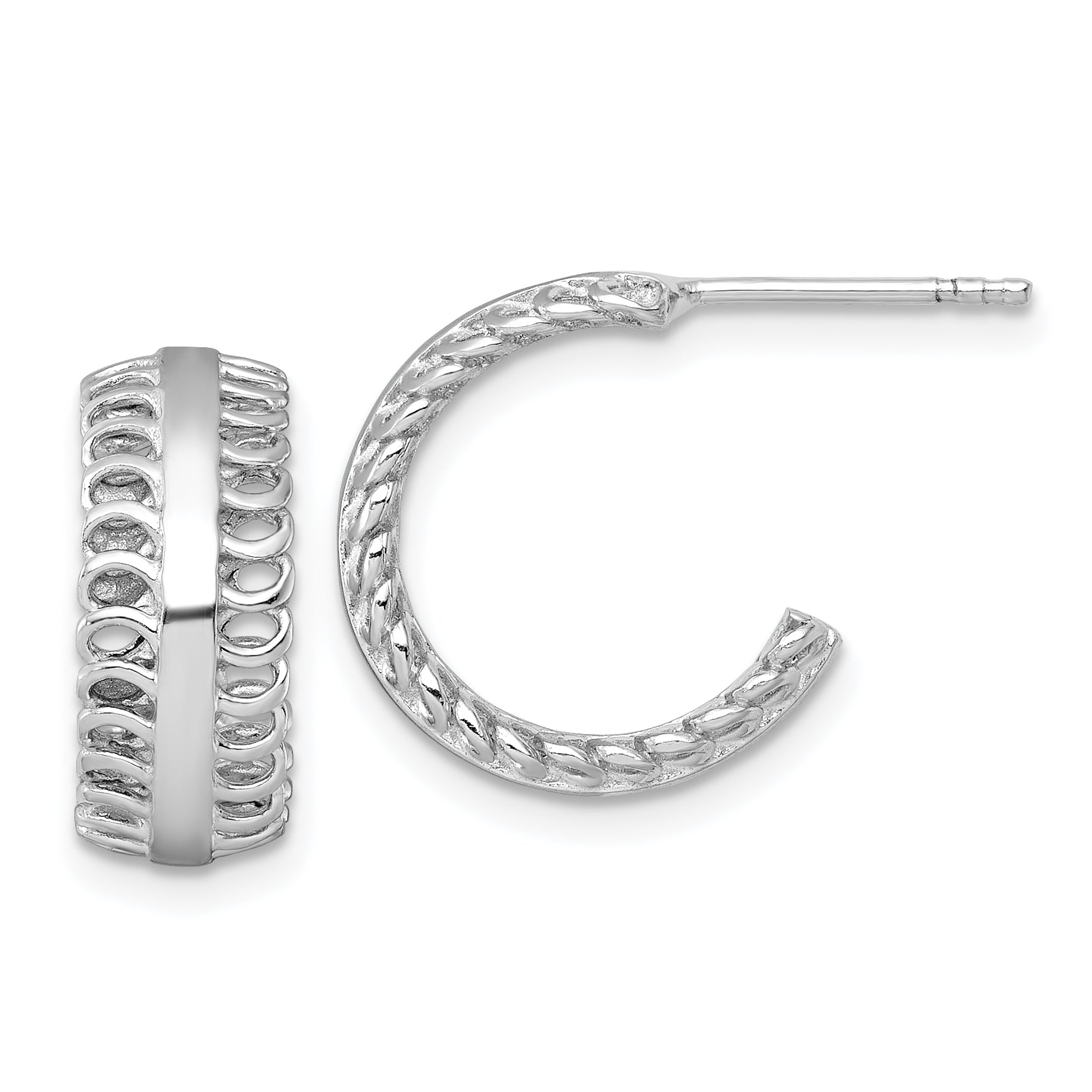 Sterling Silver Rhodium-plated Polished Circle Pattern Edge C-Hoop Post Earrings