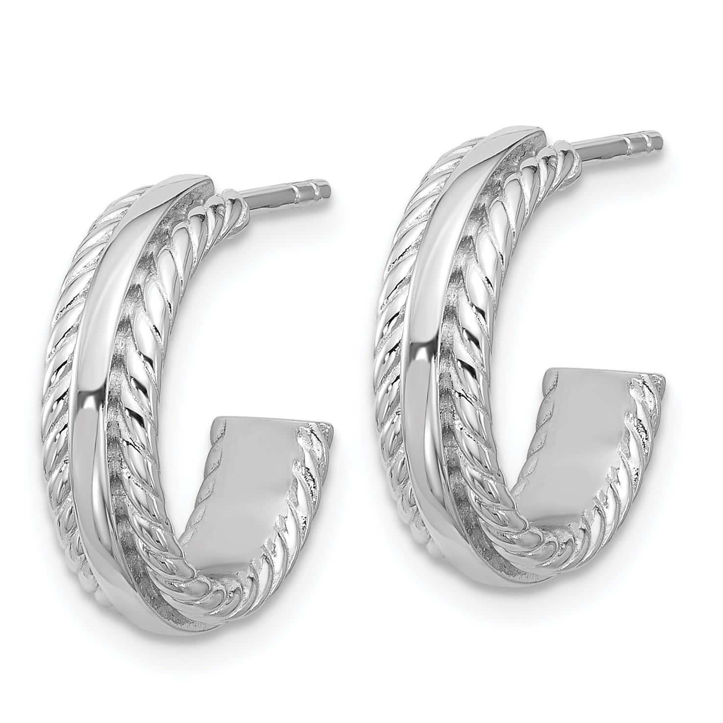 Sterling Silver Rhodium-plated Polished and Grooved 4.5mm x 15mm C-Hoop Post Earrings Secondary image