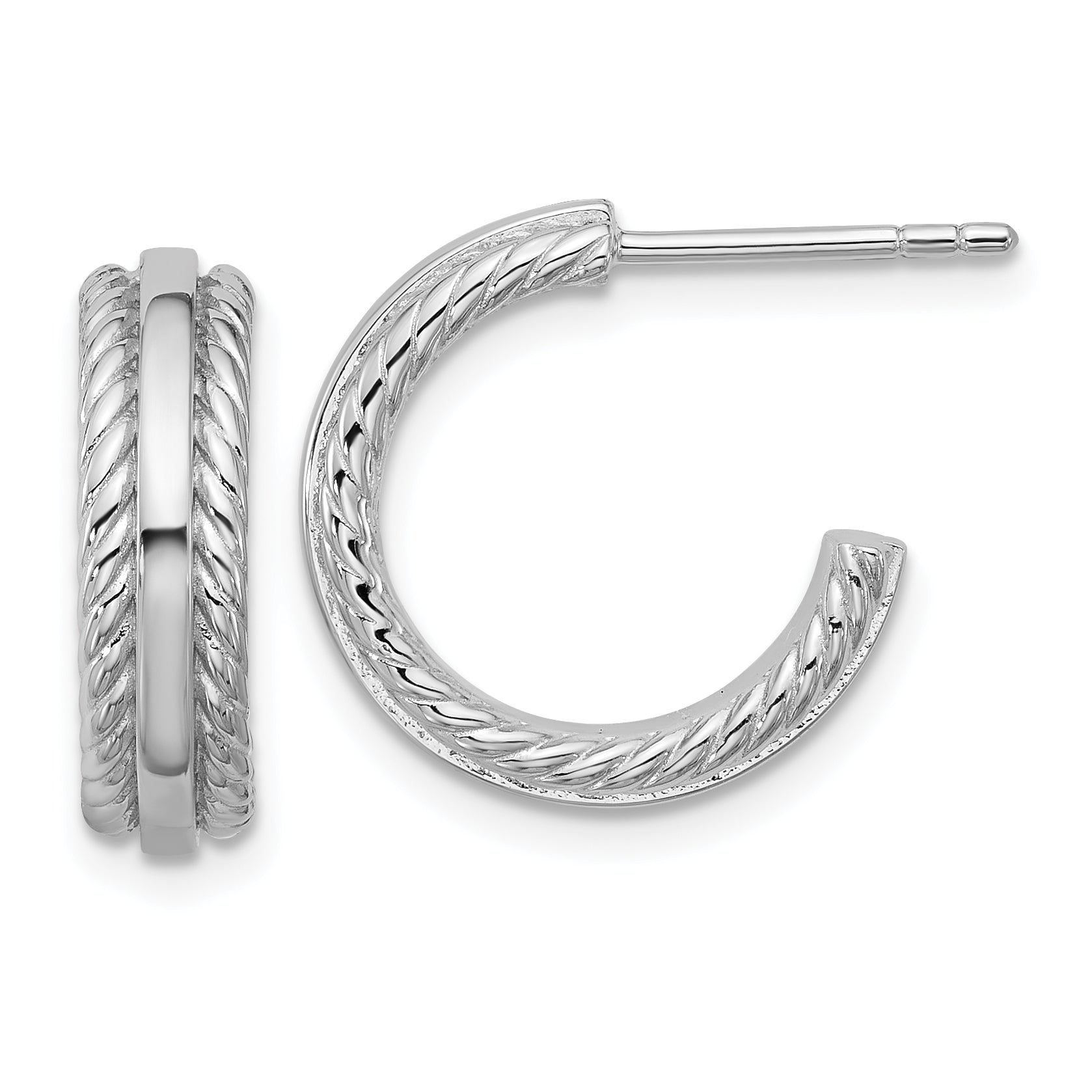 Sterling Silver Rhodium-plated Polished and Grooved 4.5mm x 15mm C-Hoop Post Earrings Main image