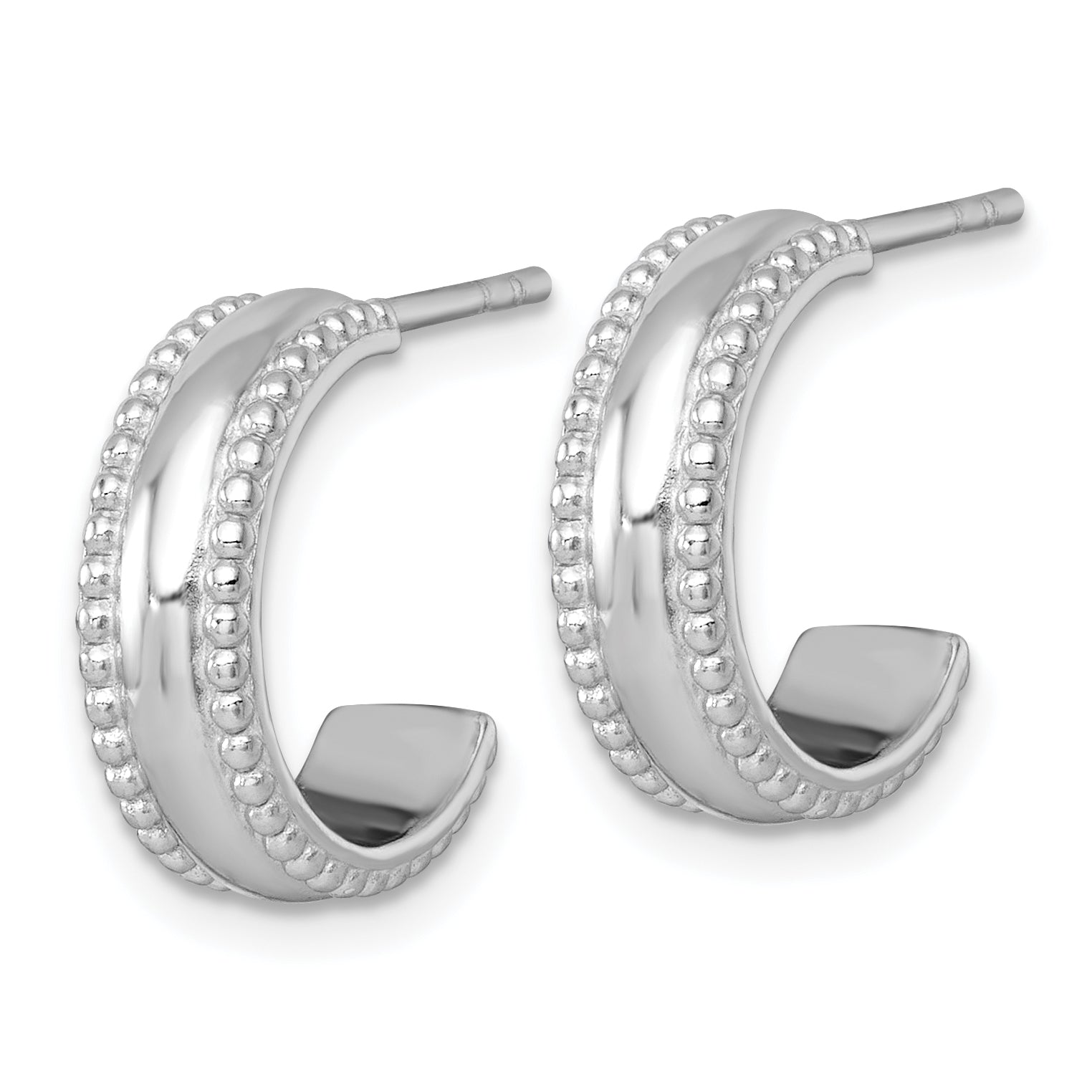 Sterling Silver Rhodium-plated Polished Beaded 5.2 x 15mm C-Hoop Post Earrings Secondary image