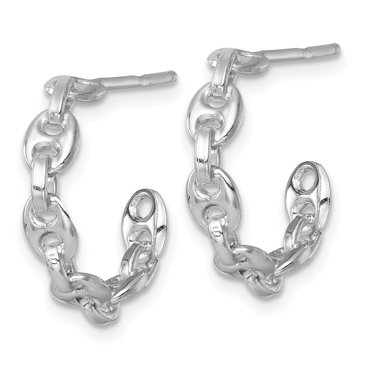 Sterling Silver Rhodium-plated 4mm x 16mm Puffed Anchor/Mariner Link C-Hoop Post Earrings Secondary image