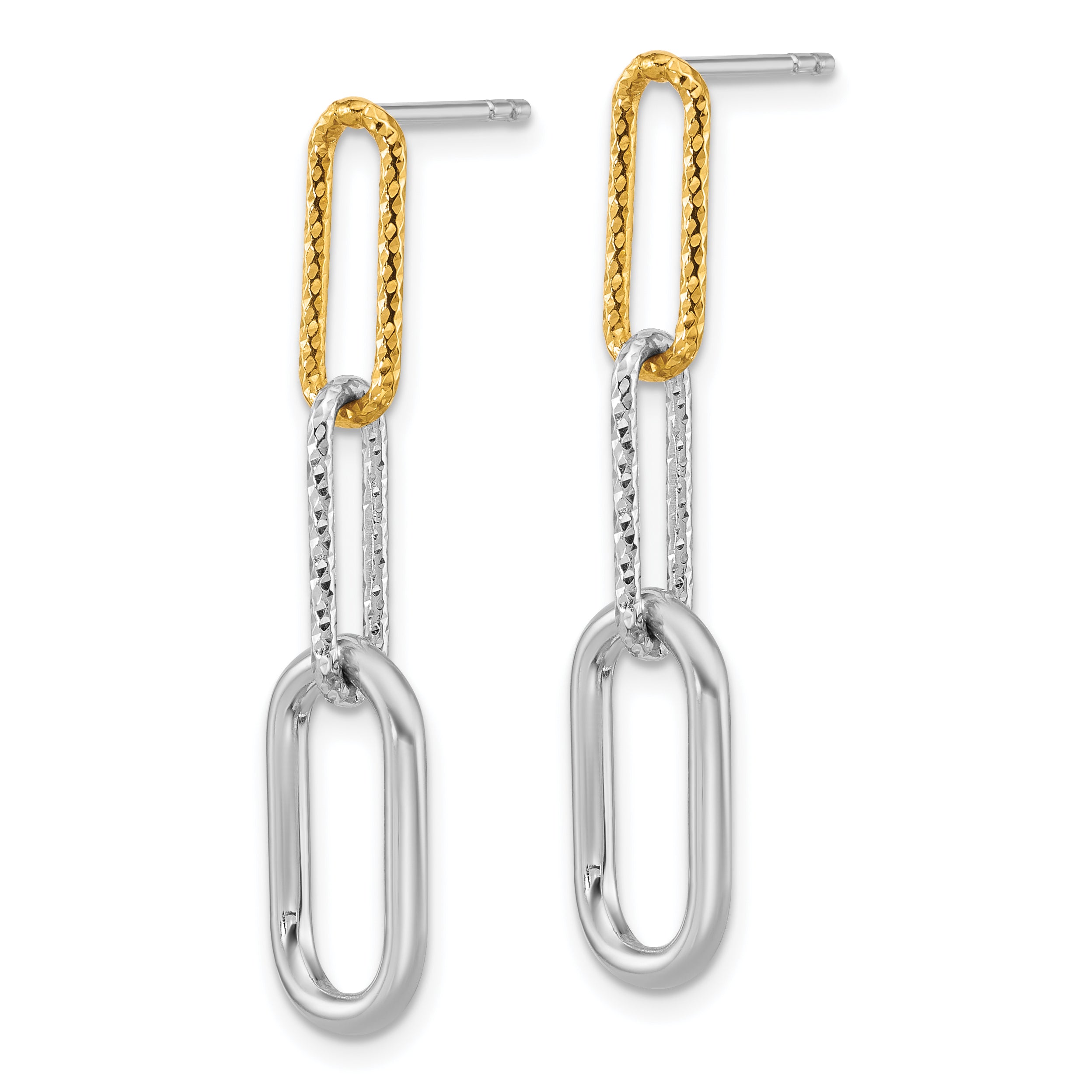 Sterling Silver Rhodium and Gold-plated Three Link Textured Dangle Post Earrings Secondary image