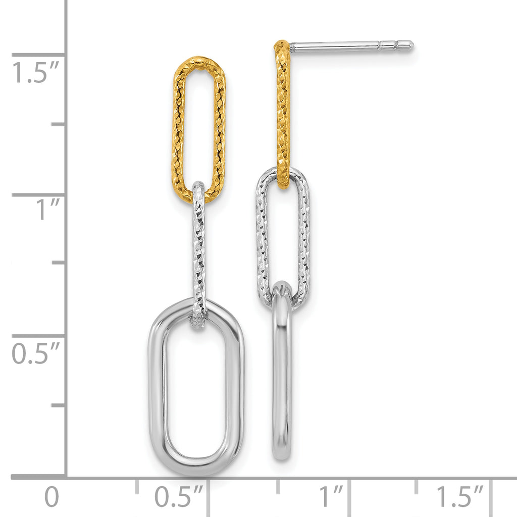 Sterling Silver Rhodium and Gold-plated Three Link Textured Dangle Post Earrings