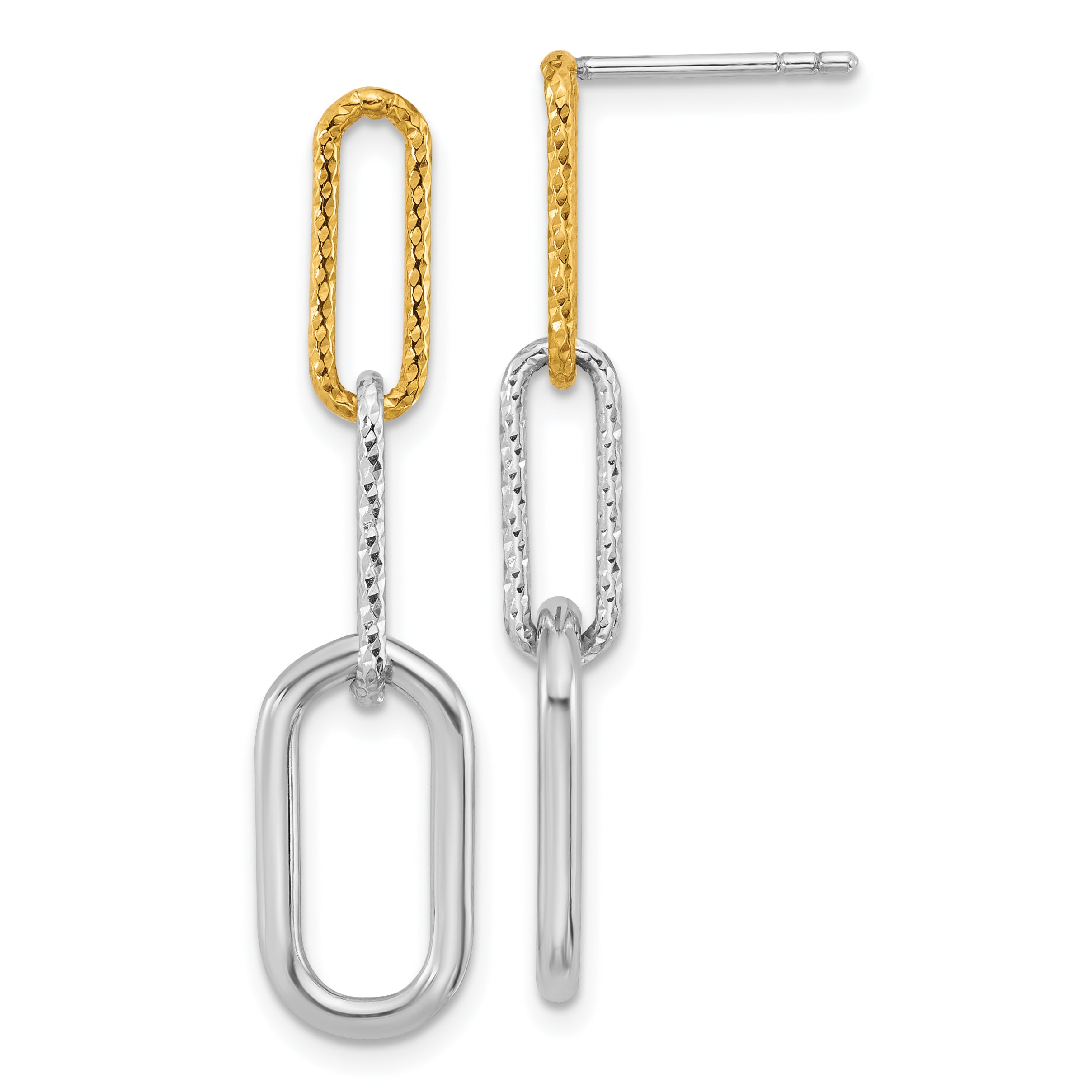 Sterling Silver Rhodium and Gold-plated Three Link Textured Dangle Post Earrings