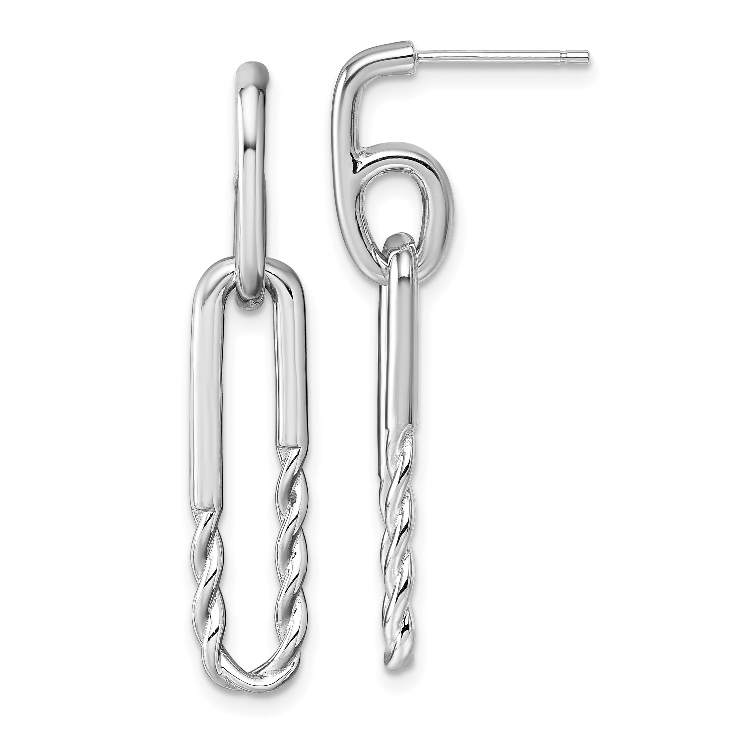 Sterling Silver Rhodium-plated Polished Twisted Paper Clip Dangle Post Earrings