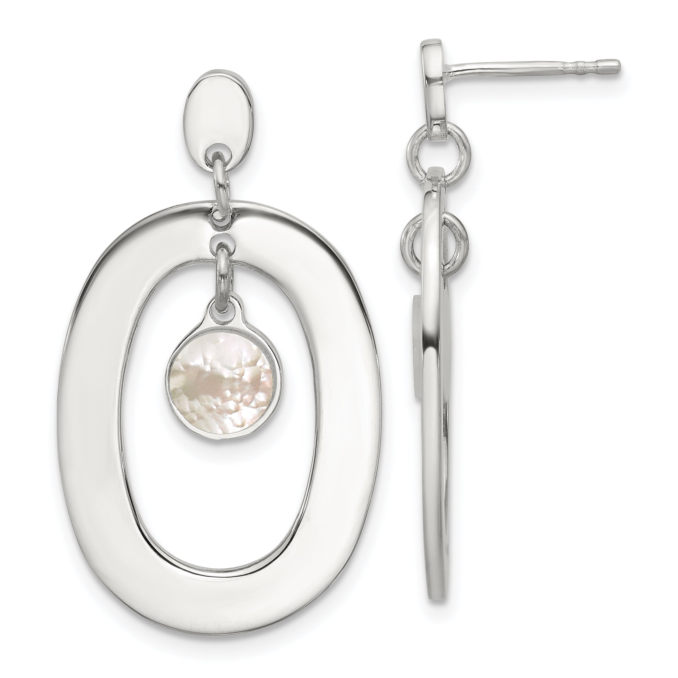 Sterling Silver Open Oval with Mother of Pearl Dangle Post Earrings