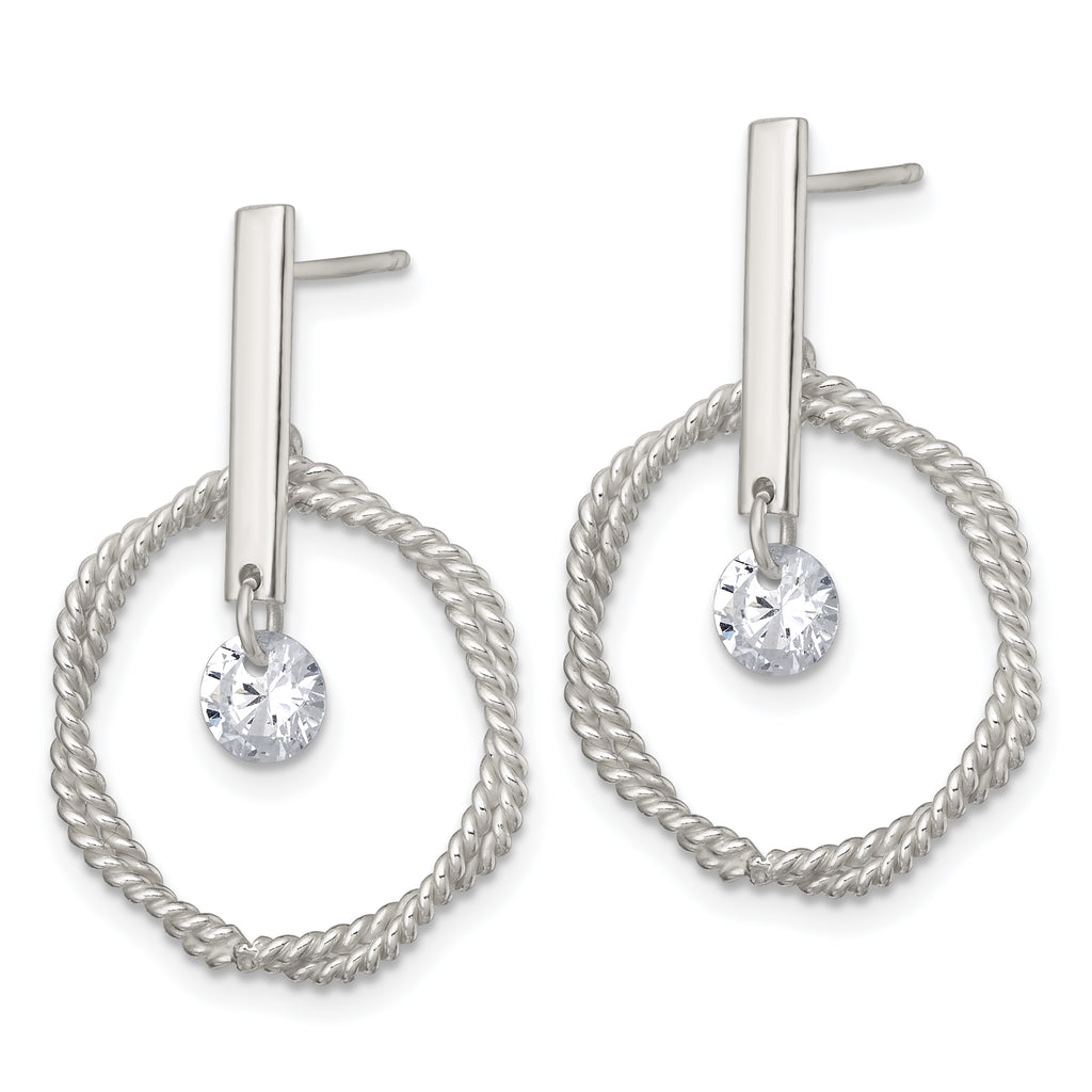 Sterling Silver Polished Twisted Circle with Moveable White CZ Dangle Post Earrings