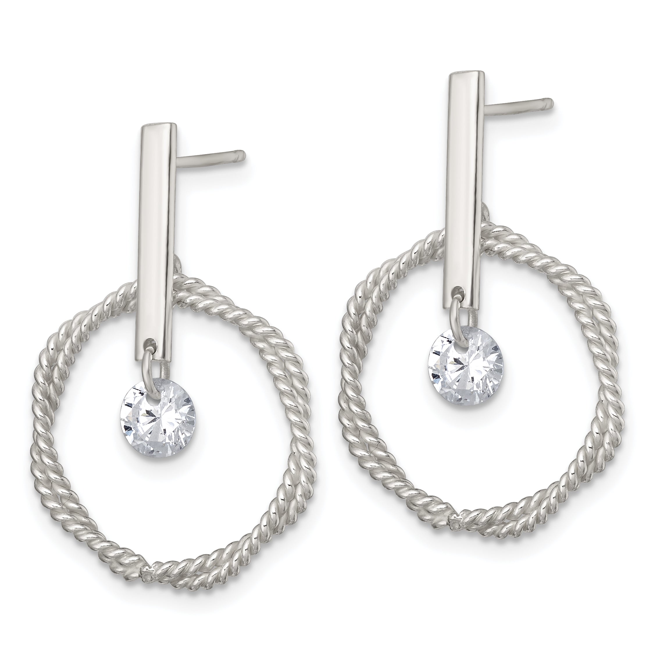 Sterling Silver Polished Twisted Circle with Moveable White CZ Dangle Post Earrings