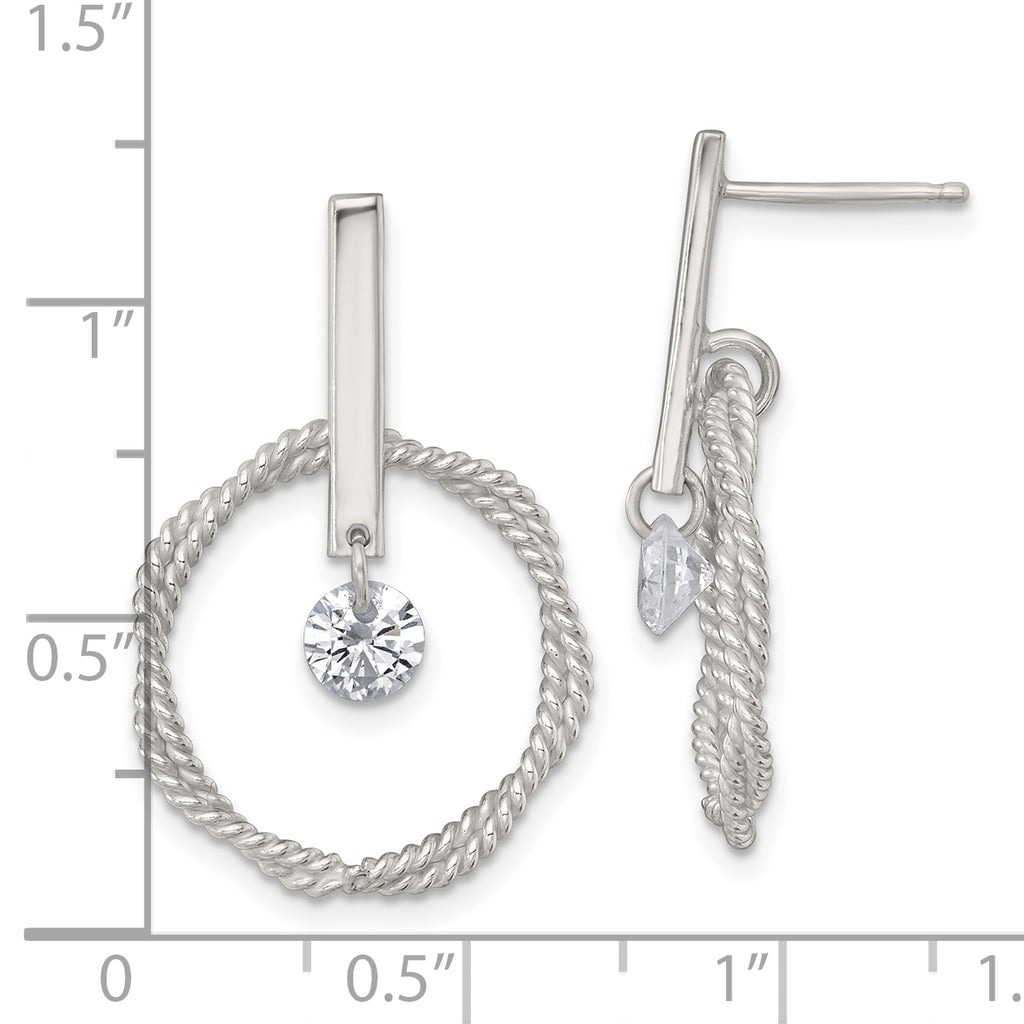 Sterling Silver Polished Twisted Circle with Moveable White CZ Dangle Post Earrings