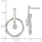 Sterling Silver Polished Twisted Circle with Moveable White CZ Dangle Post Earrings