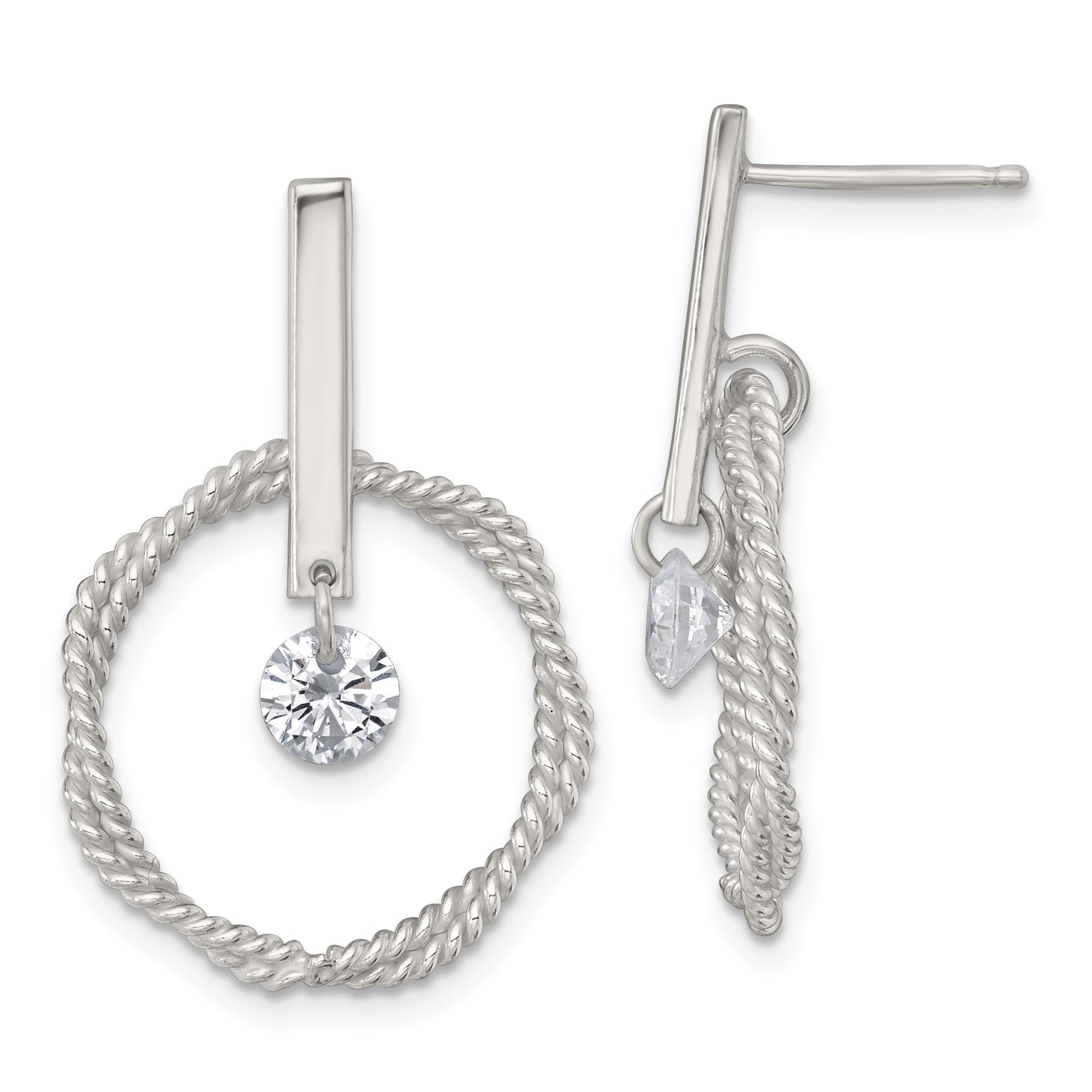 Sterling Silver Polished Twisted Circle with Moveable White CZ Dangle Post Earrings Main image