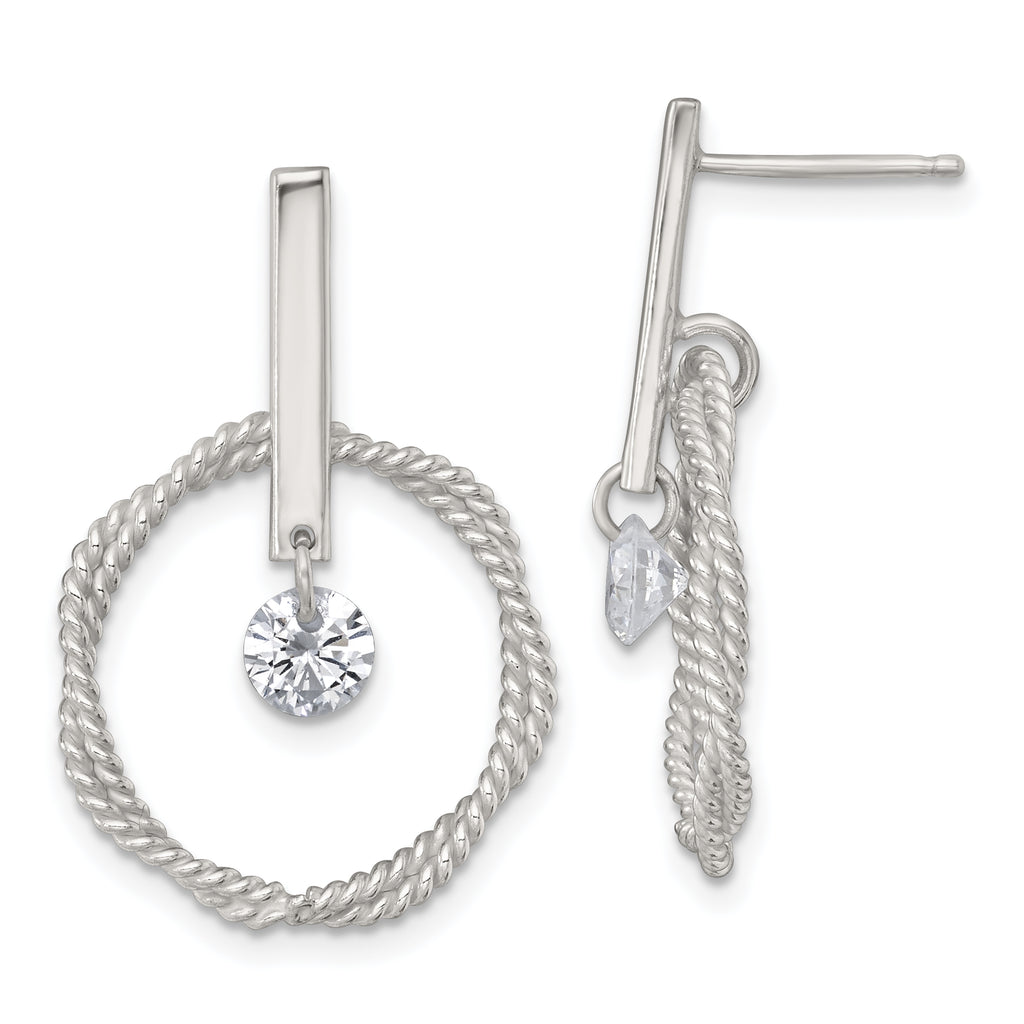 Sterling Silver Polished Twisted Circle with Moveable White CZ Dangle Post Earrings