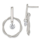 Sterling Silver Polished Twisted Circle with Moveable White CZ Dangle Post Earrings