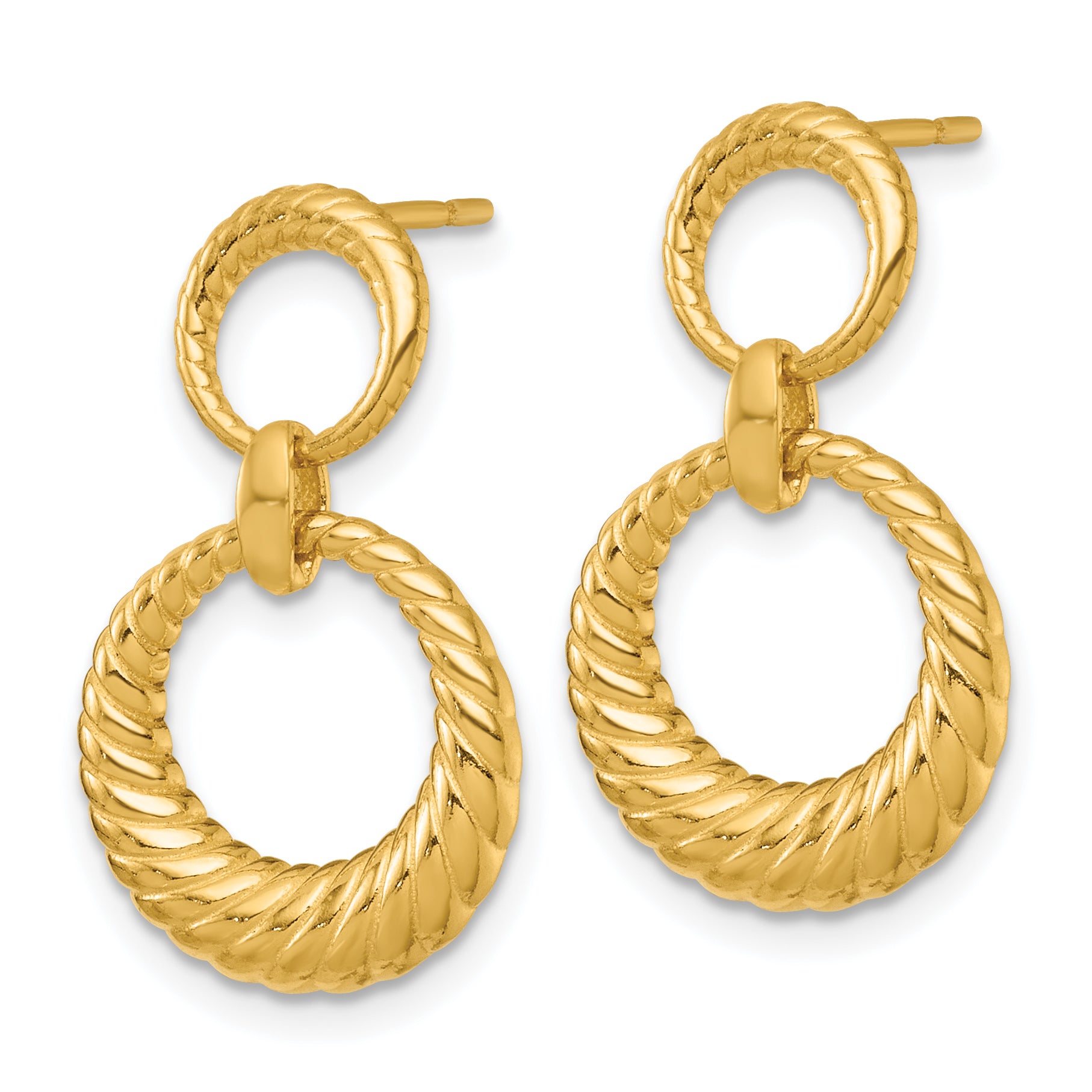 Sterling Silver Gold-tone Polished and Grooved Double Circle Doorknocker Post Dangle Earrings Secondary image