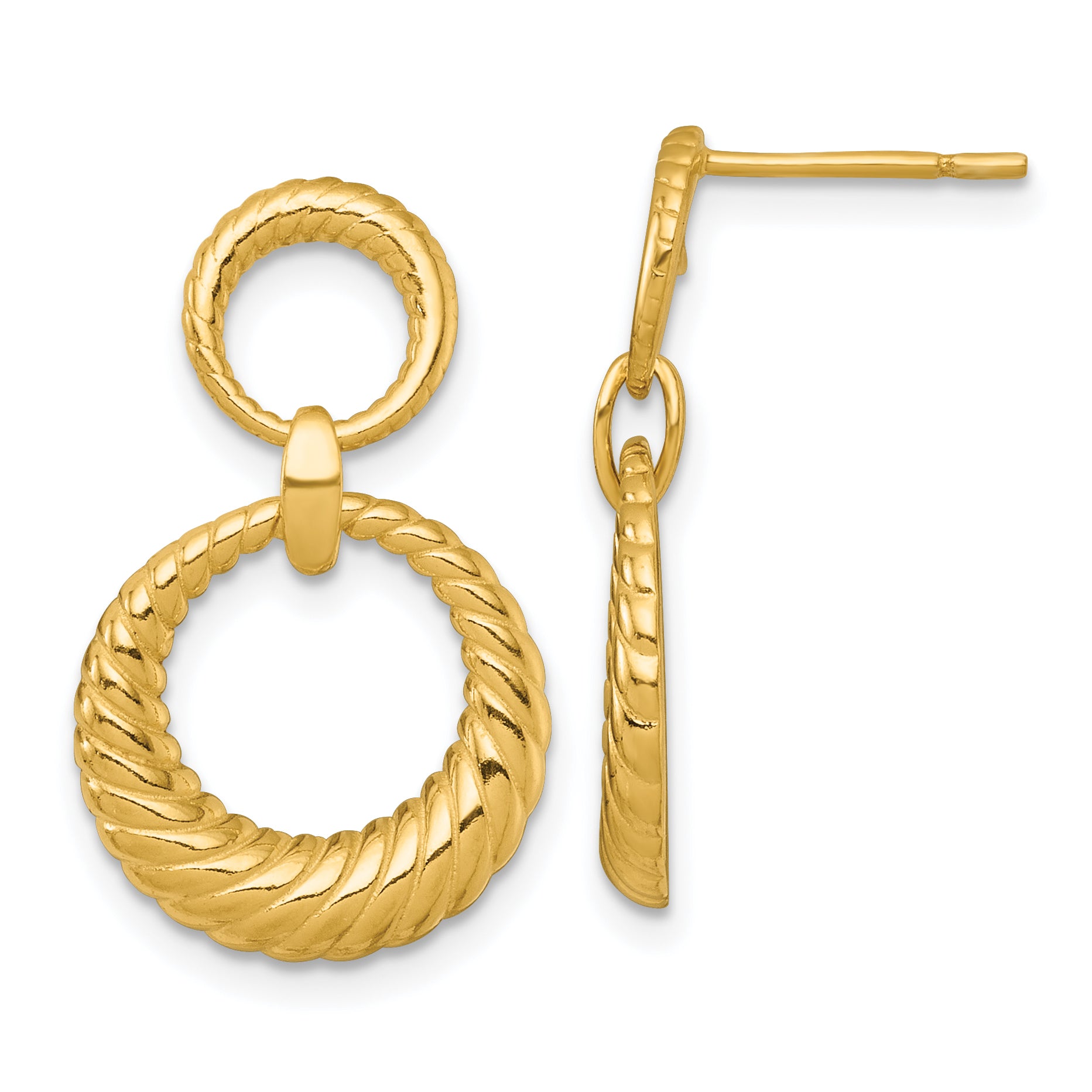 Sterling Silver Gold-tone Polished and Grooved Double Circle Doorknocker Post Dangle Earrings Main image