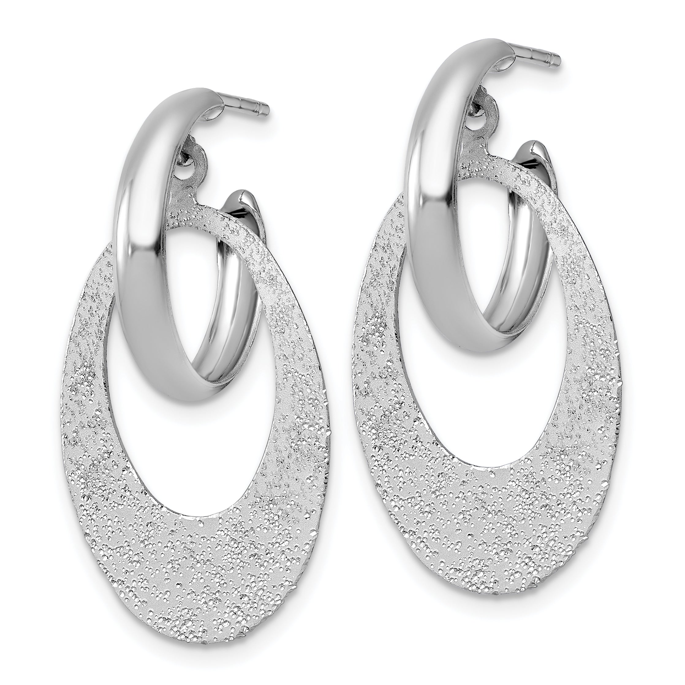 Sterling Silver Rhodium-plated Polished and Brushed Oval Dangle C-Hoop Post Earrings Secondary image