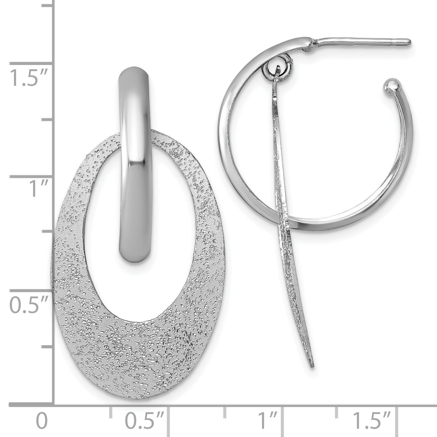 Sterling Silver Rhodium-plated Polished and Brushed Oval Dangle C-Hoop Post Earrings