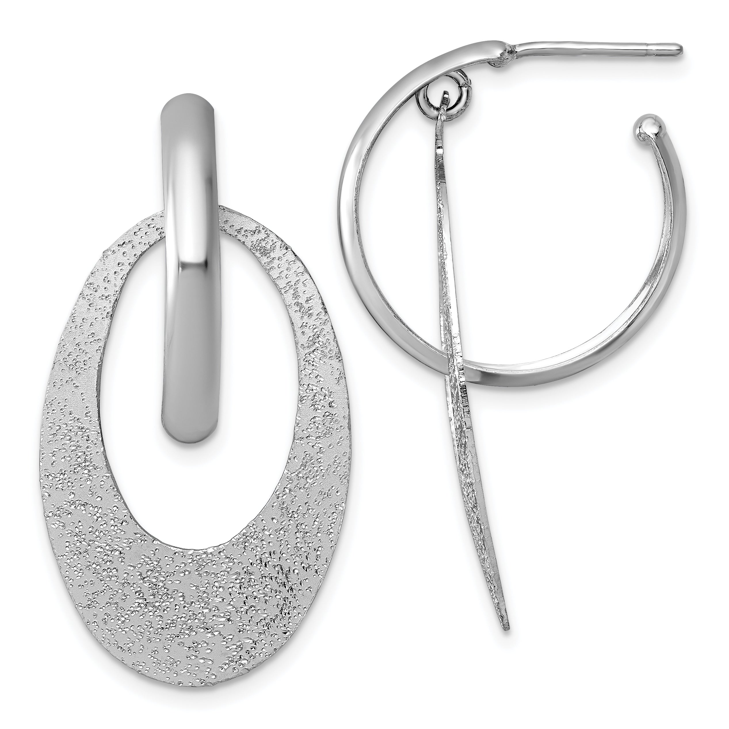 Sterling Silver Rhodium-plated Polished and Brushed Oval Dangle C-Hoop Post Earrings