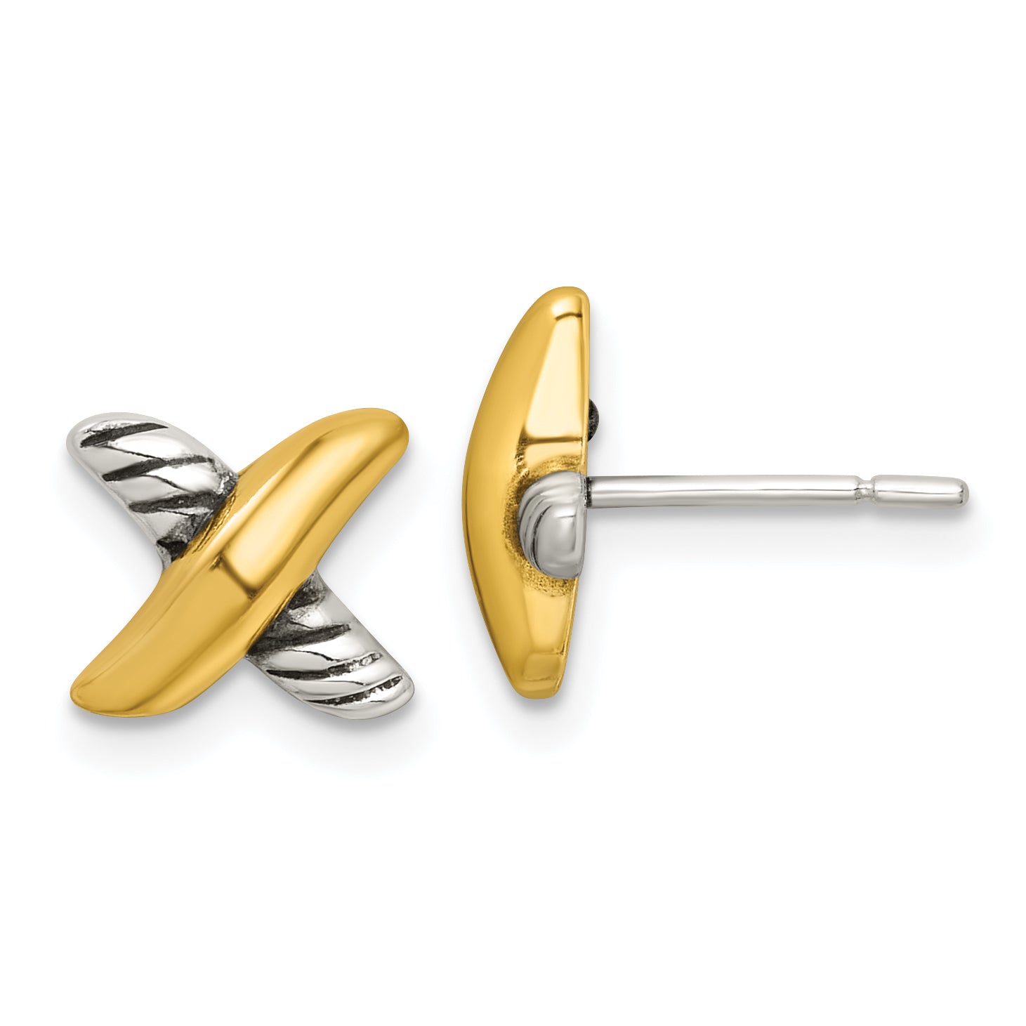 Sterling Silver and Gold-tone Polished and Antiqued X Post Earrings