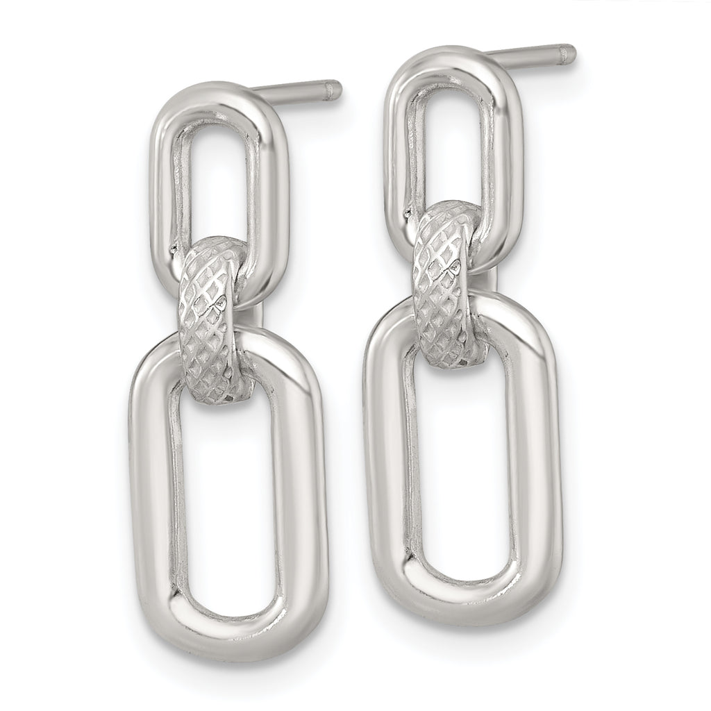 Sterling Silver Polished and Textured Fancy Rectangular Link Dangle Post Earrings