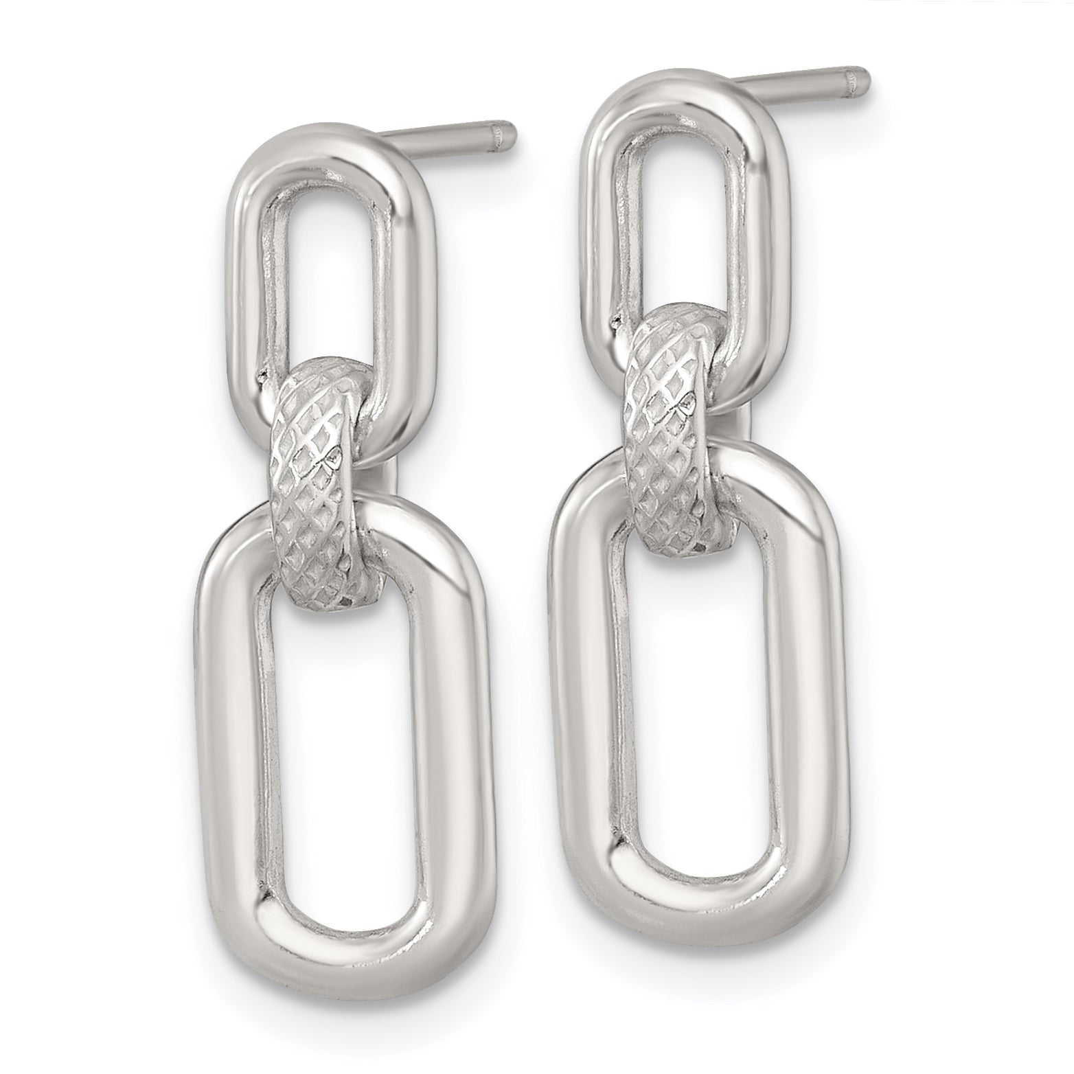 Sterling Silver Polished and Textured Fancy Rectangular Link Dangle Post Earrings