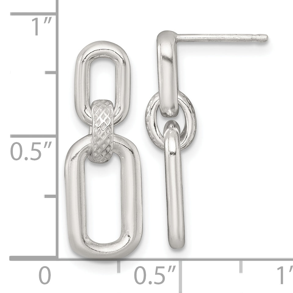 Sterling Silver Polished and Textured Fancy Rectangular Link Dangle Post Earrings