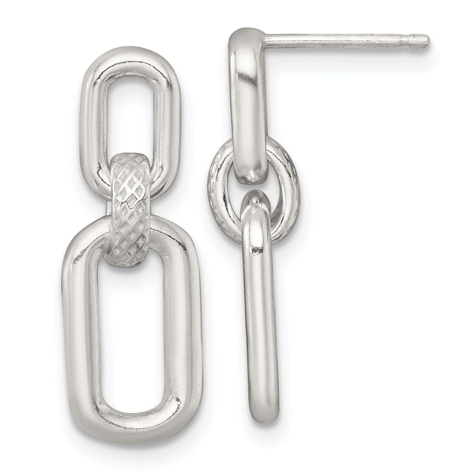 Sterling Silver Polished and Textured Fancy Rectangular Link Dangle Post Earrings Main image