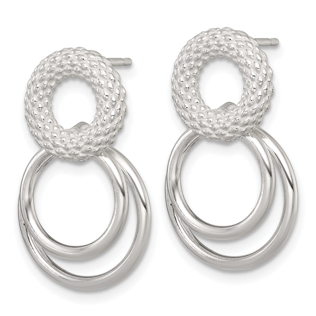 Sterling Silver Polished and Textured Double Circle Dangle Post Earrings