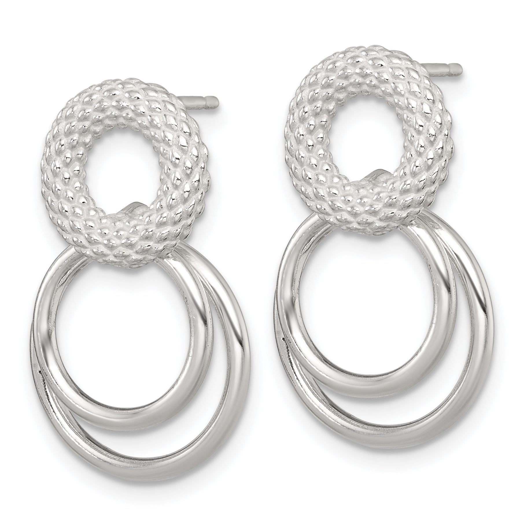 Sterling Silver Polished and Textured Double Circle Dangle Post Earrings