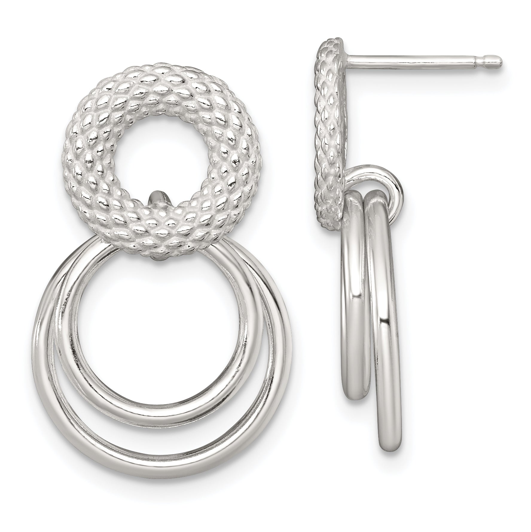 Sterling Silver Polished and Textured Double Circle Dangle Post Earrings Main image