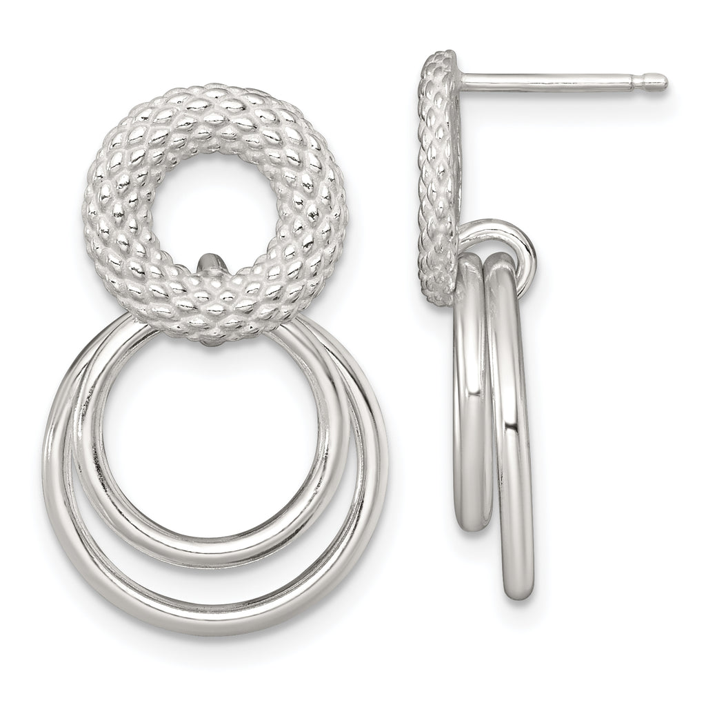 Sterling Silver Polished and Textured Double Circle Dangle Post Earrings