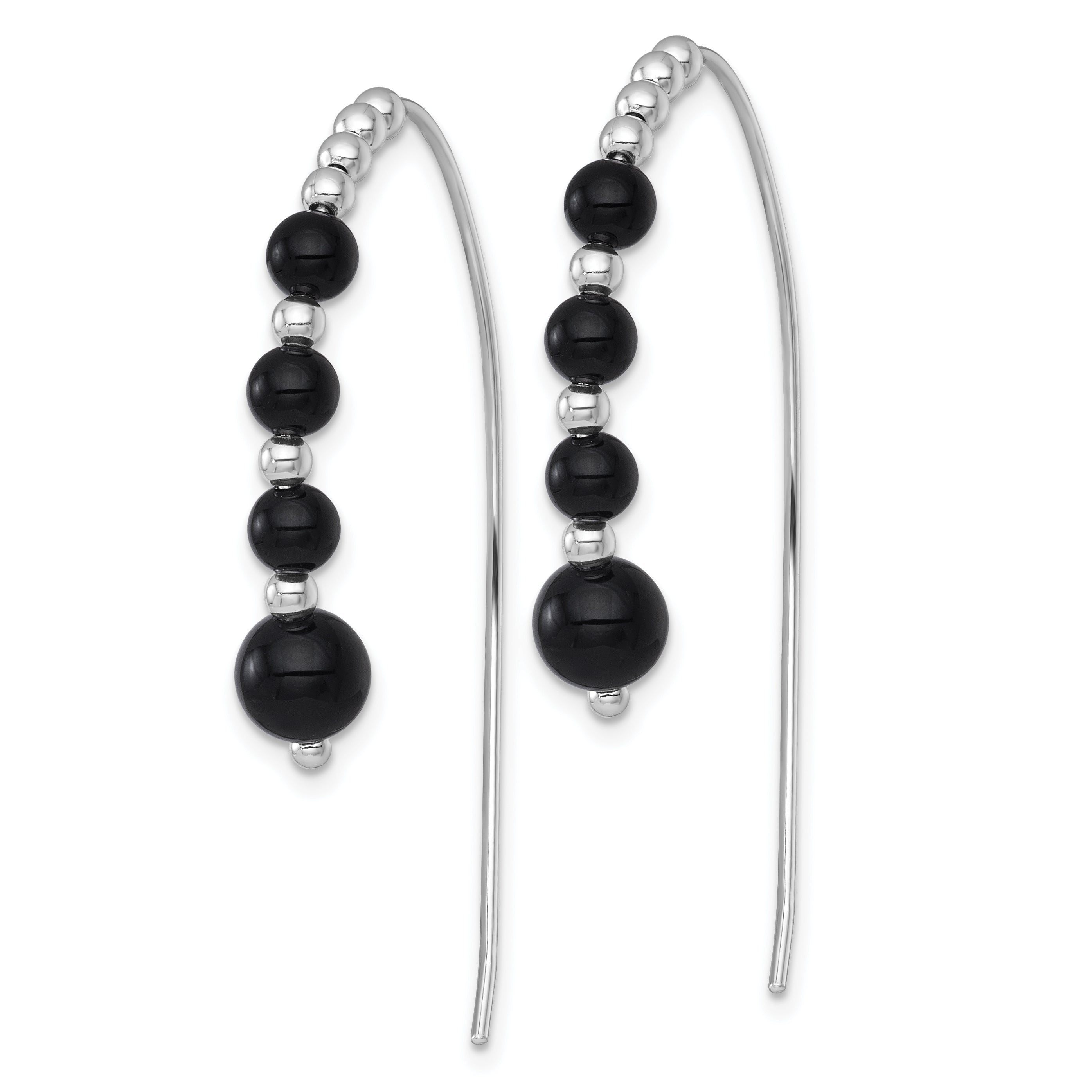 Sterling Silver Rhodium-plated Polished Graduated Onyx Beaded Threader Earrings Secondary image