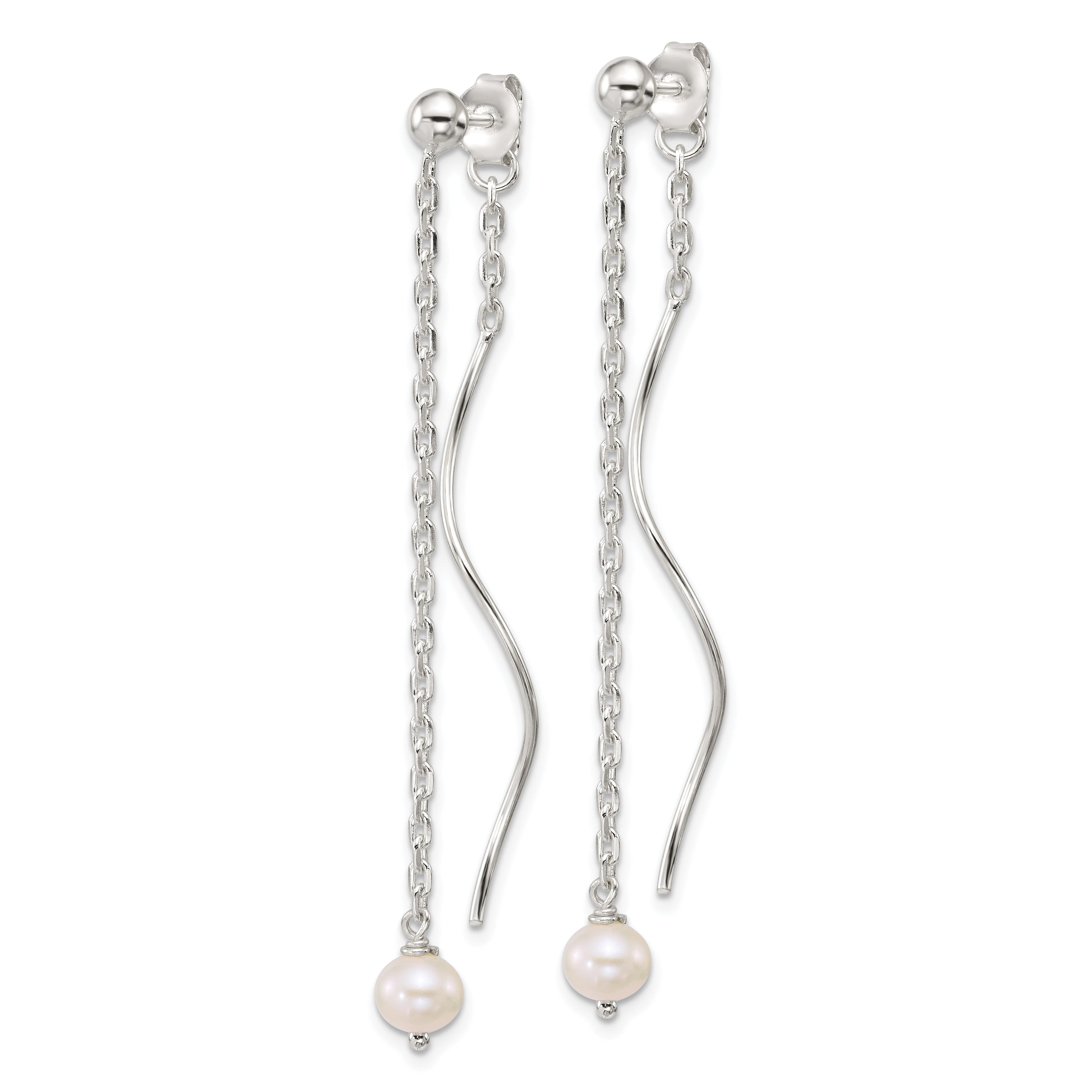Sterling Silver Polished Fancy Freshwater Cultured Pearl on Chain and Twist Dangle Post Earrings